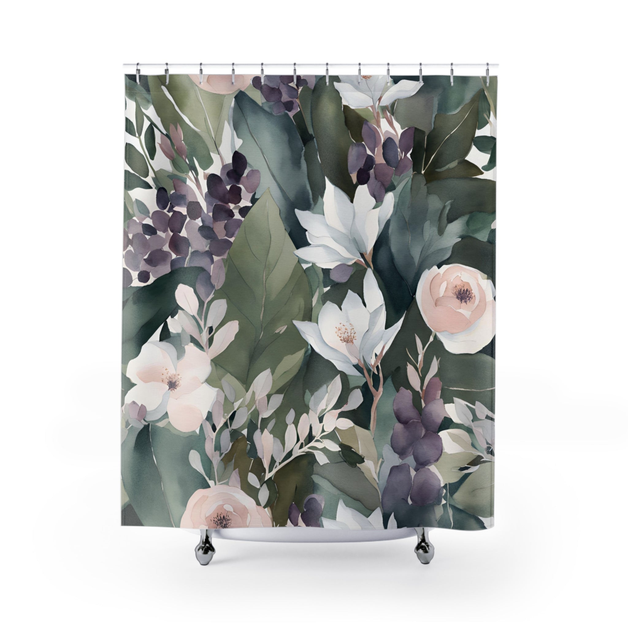 Abstract Shower Curtain | Floral Sage Green, White Pink Purple Flowers