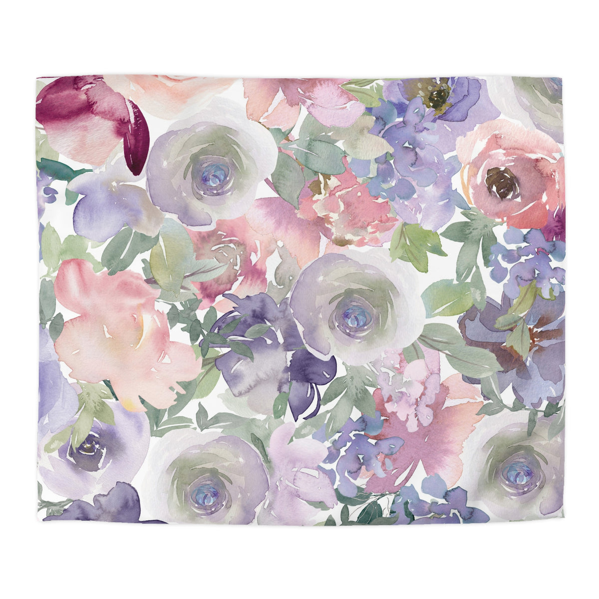 The image is a vibrant and colorful floral pattern featuring a variety of flowers in shades of pink, purple, and green.