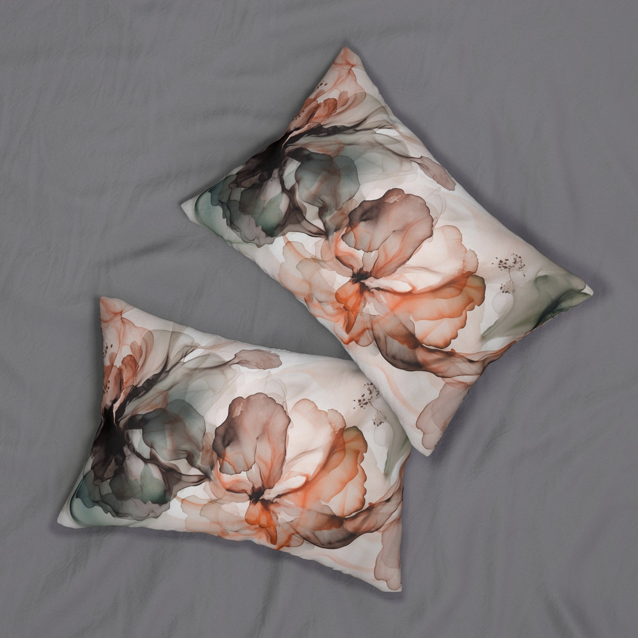 Abstract Floral Lumbar Pillow | Alcohol Ink, Orange Grey White Watercolor