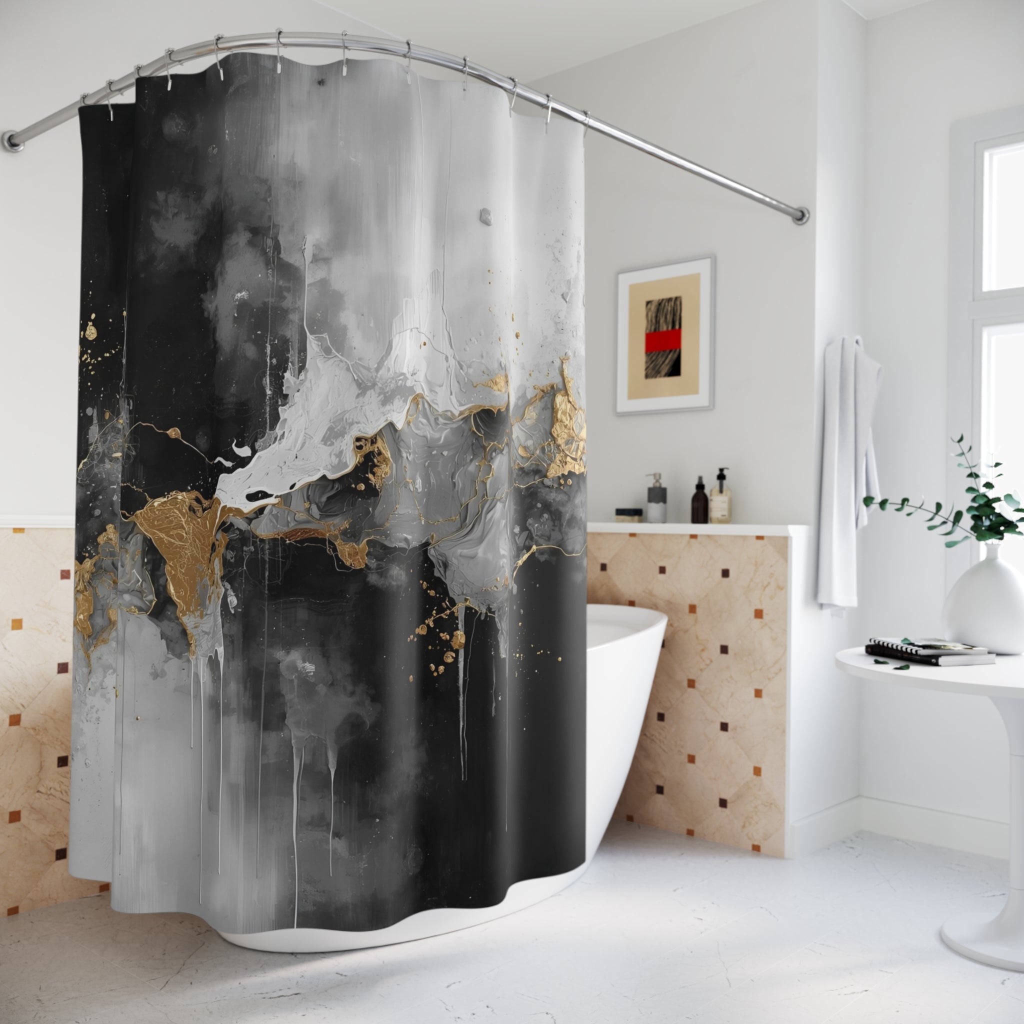 Abstract Shower Curtain | Moody Black Grey, Muted Gold Watercolor