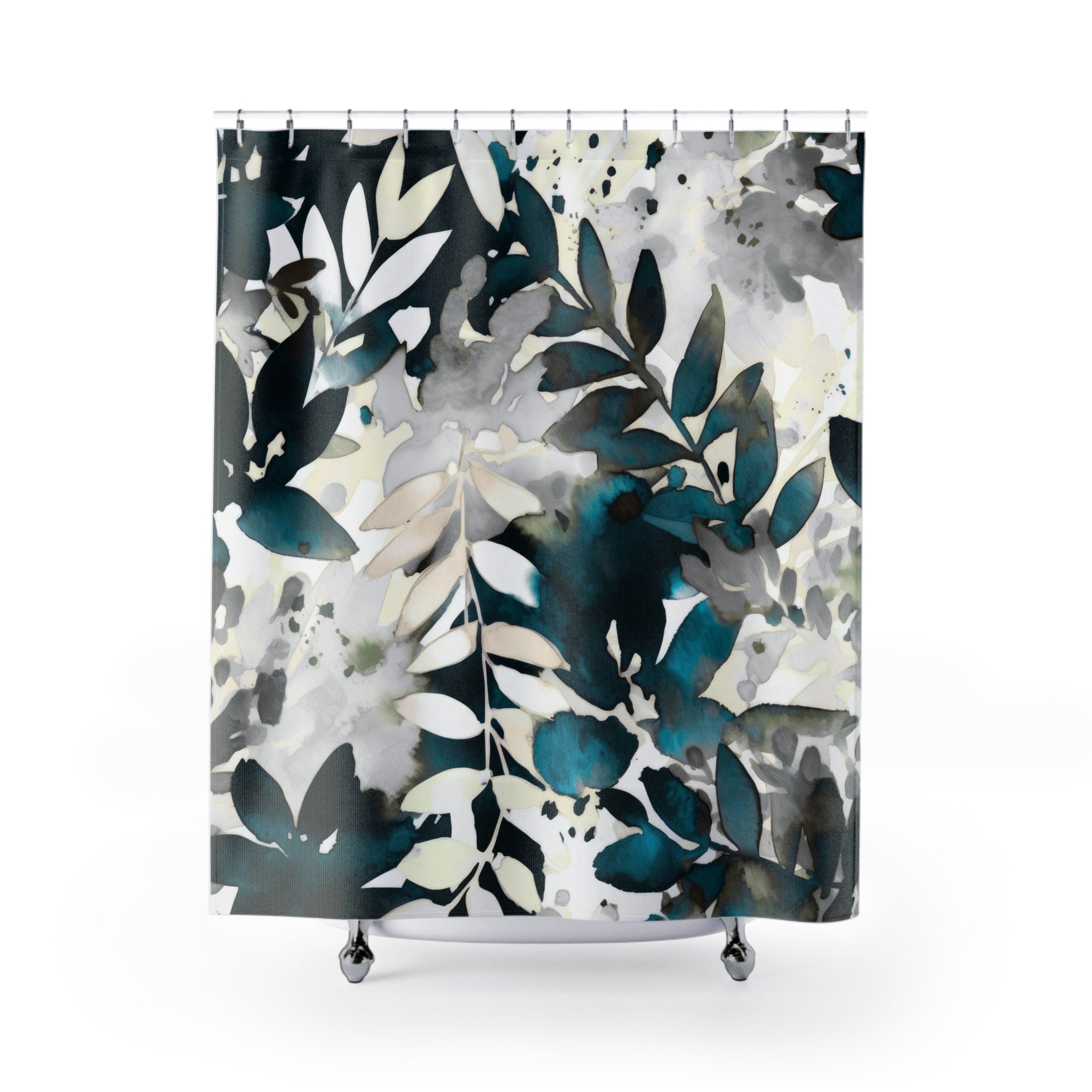 Boho Shower Curtain | Teal Blue White Floral Watercolor