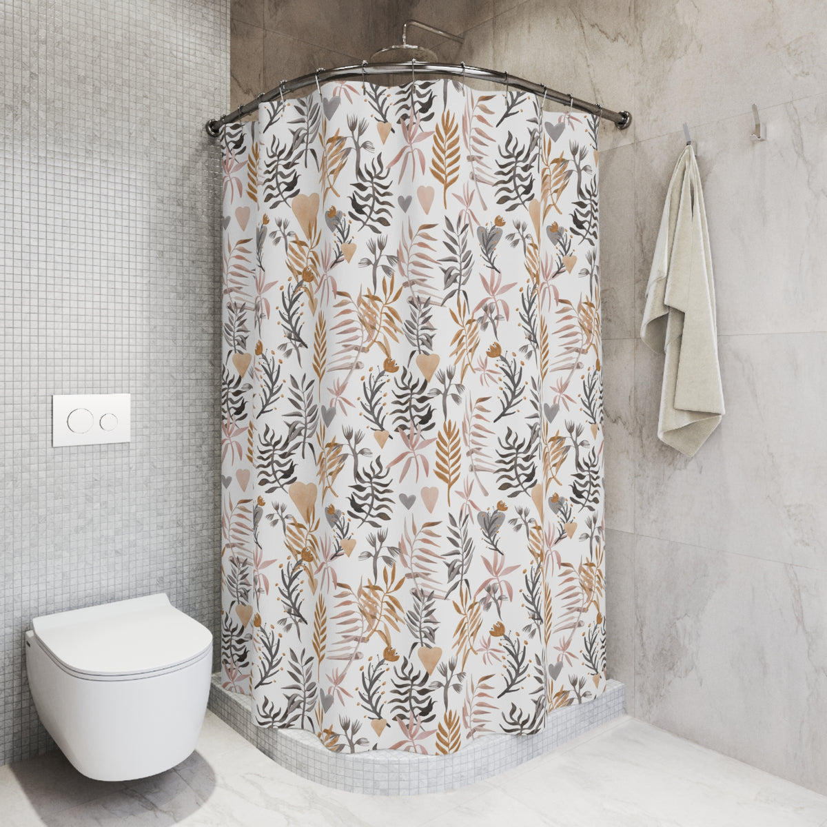 a bathroom with a shower curtain featuring a floral pattern in shades of brown and white. The shower area is adjacent to a toilet, and there is a towel hanging on the wall.