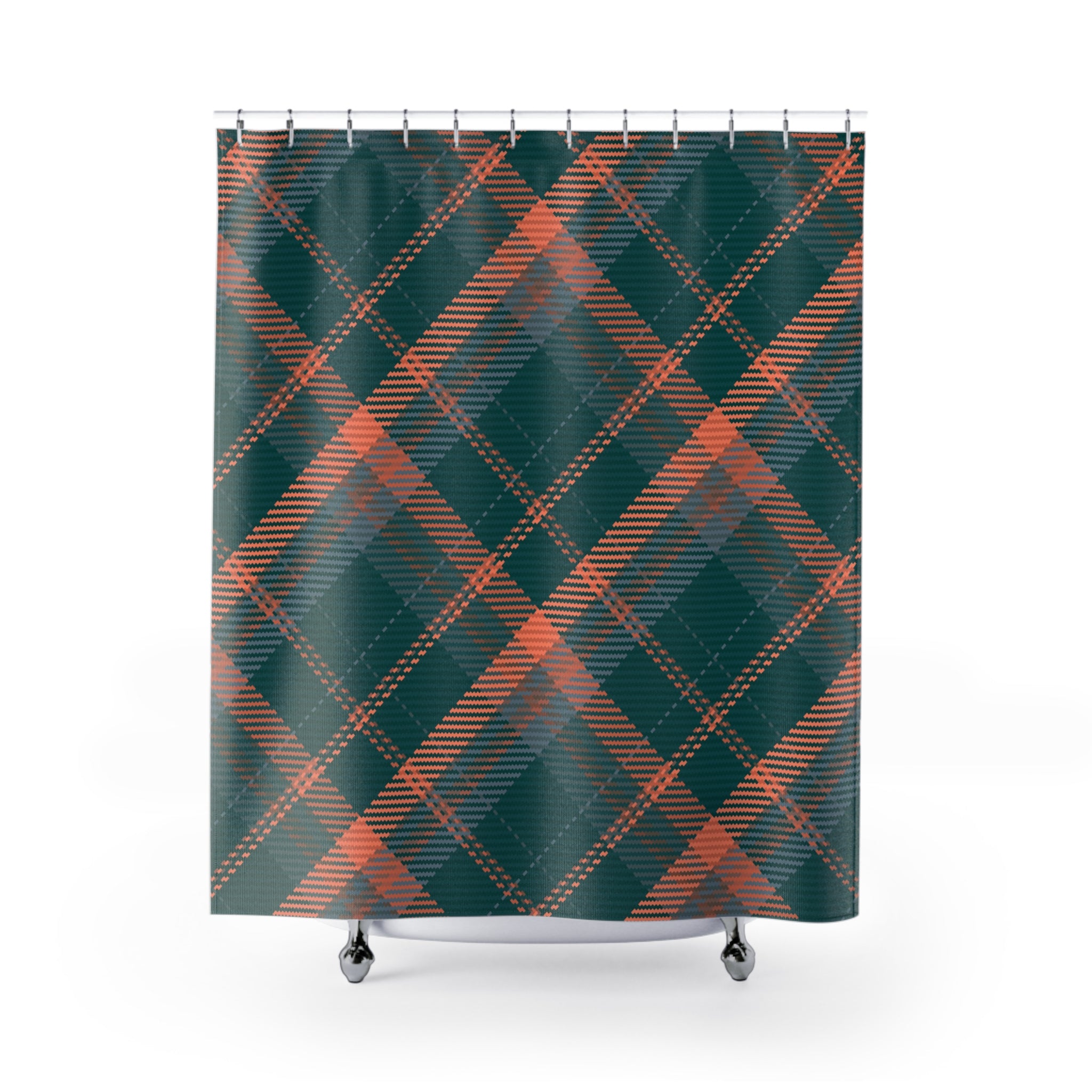 Retro Plaid Shower Curtain | Forest Green, Orange Bath Curtain
