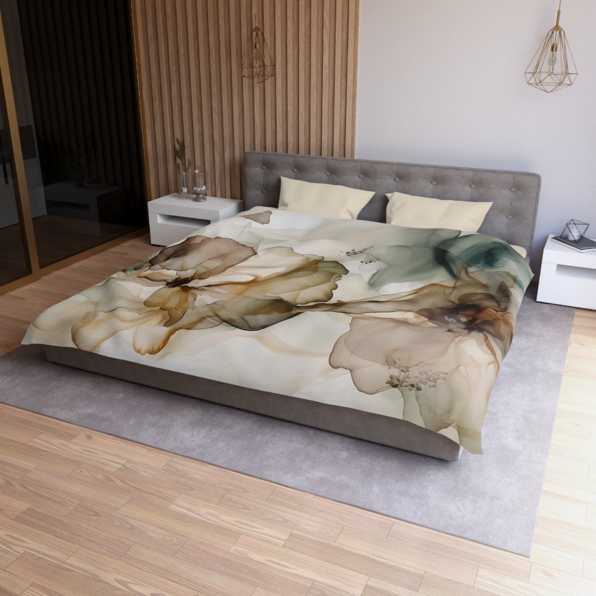 a modern bedroom with a large bed covered in a floral print comforter. The bed is positioned against a wall with a wooden panel. The room also features a nightstand, a pendant light, and a mirror.