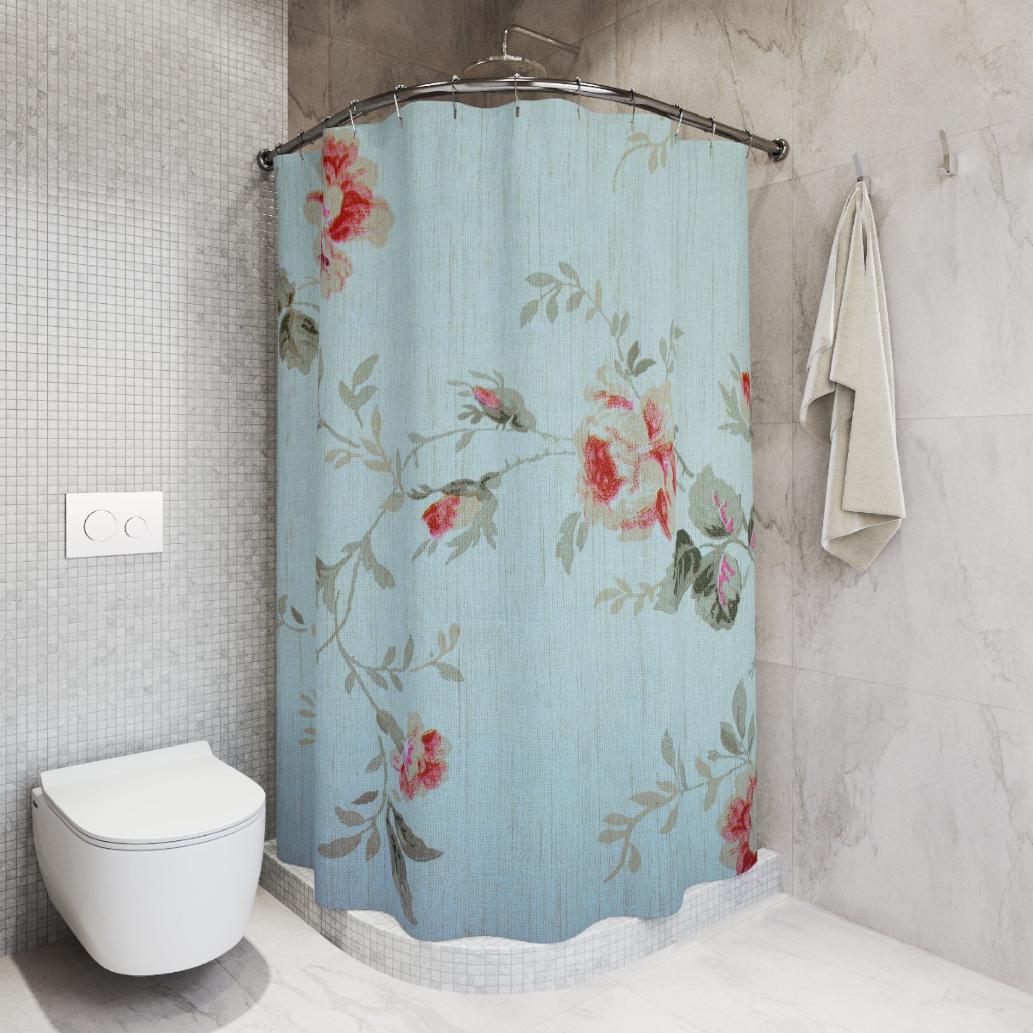 Boho Vintage Shower Curtain | Pale Blue Red Floral