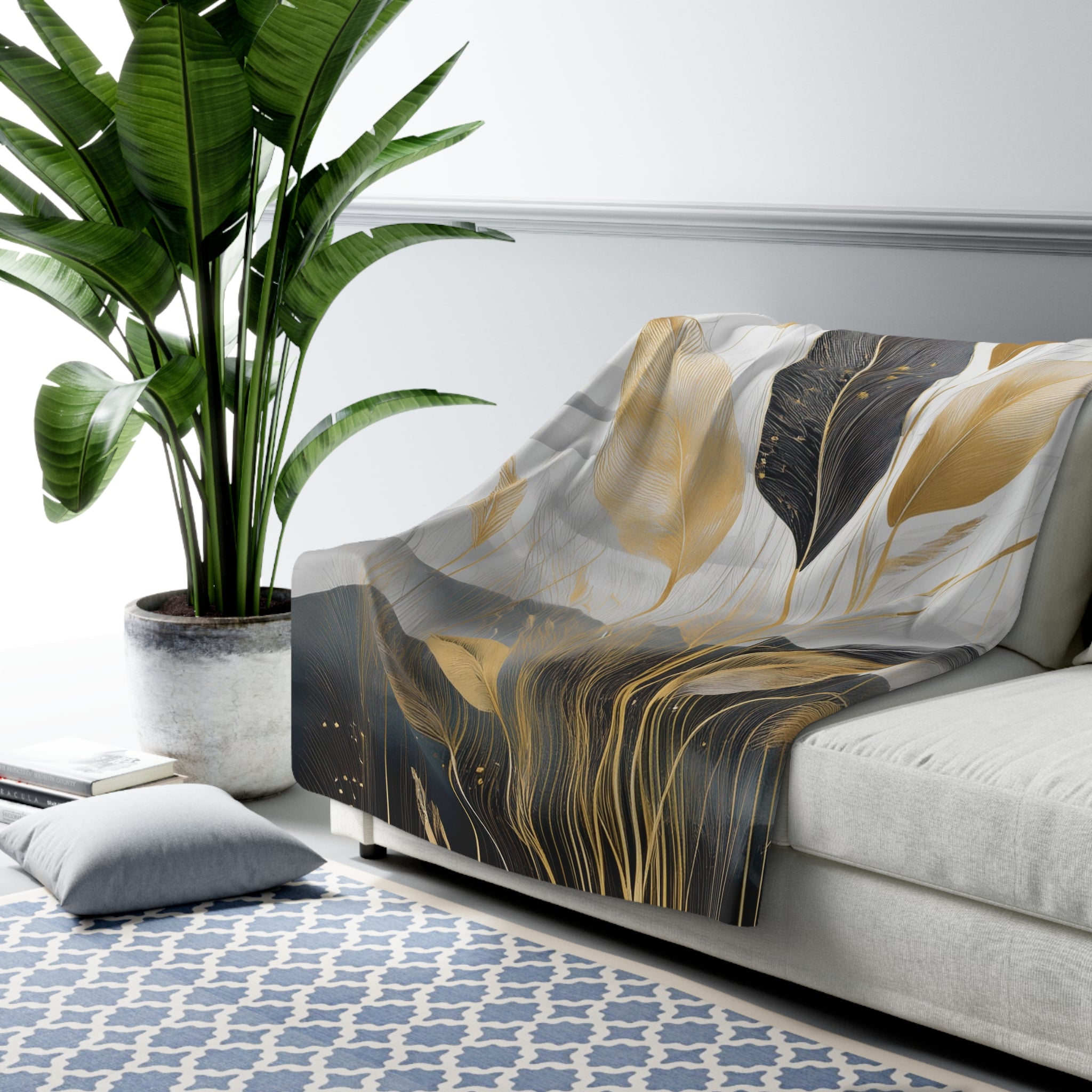 Floral Throw Blanket | Black Grey Beige Ombre Leaves