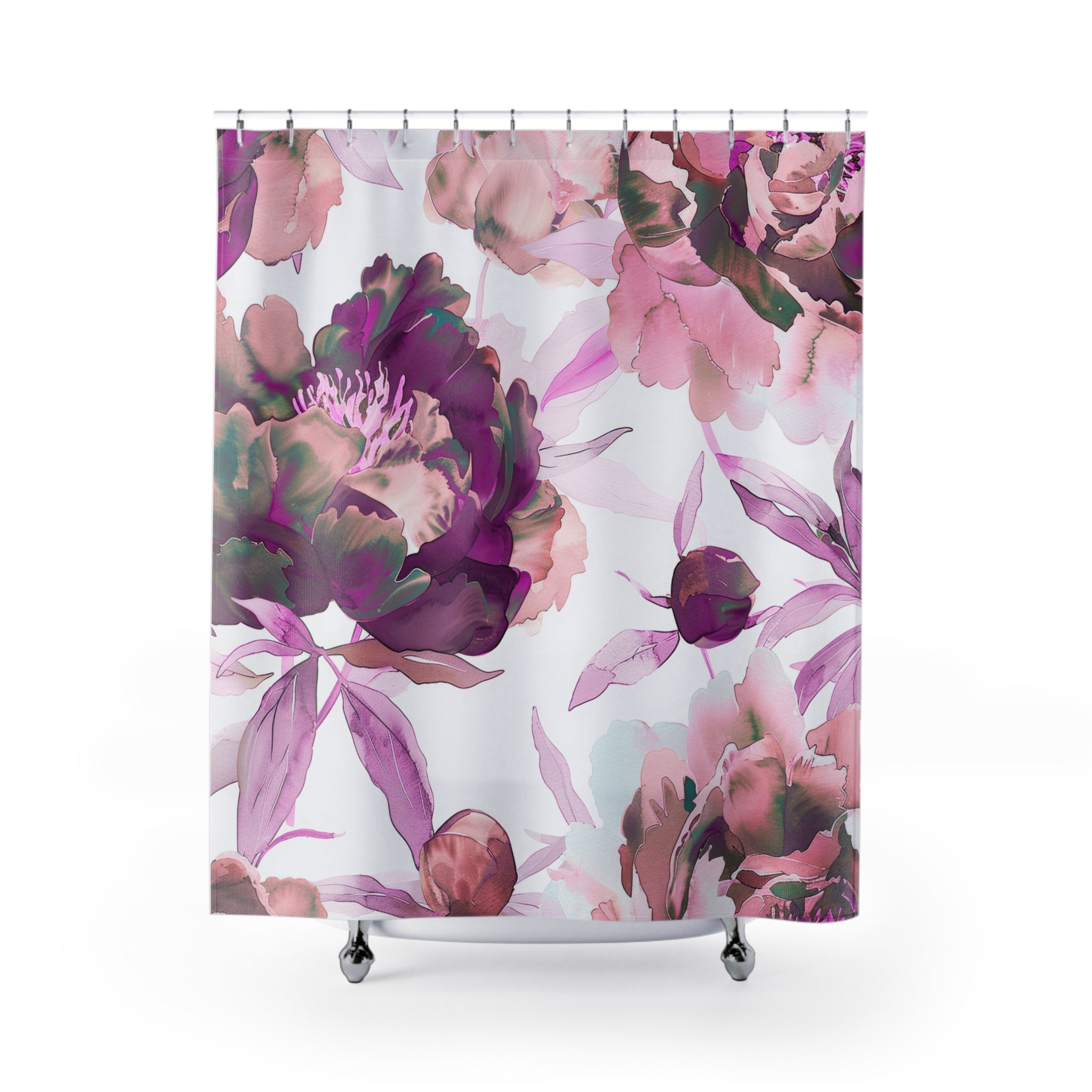 Boho Floral Shower Curtain | Botanical White Pink Watercolor