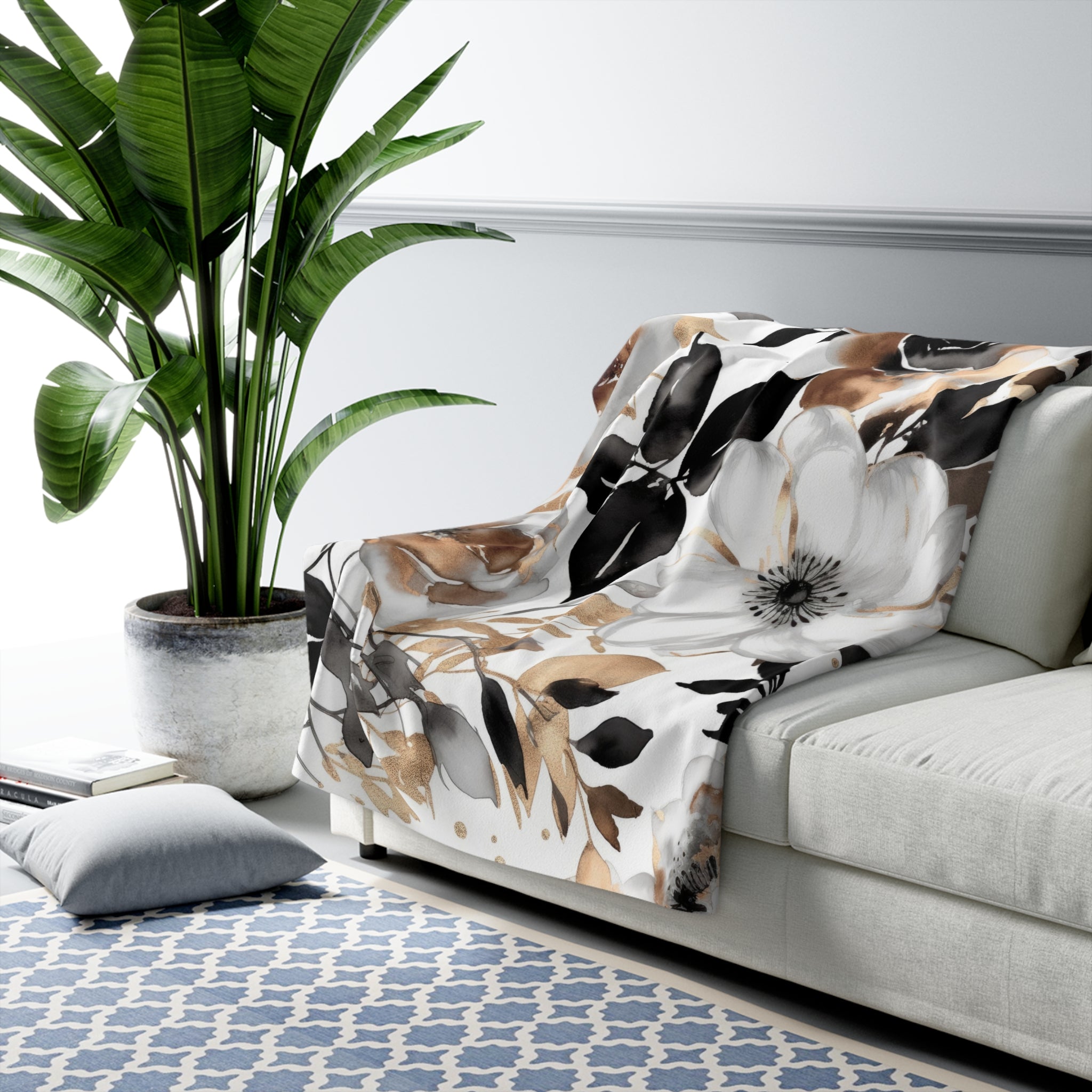 Abstract Floral Throw Blanket | Black White Beige Watercolor
