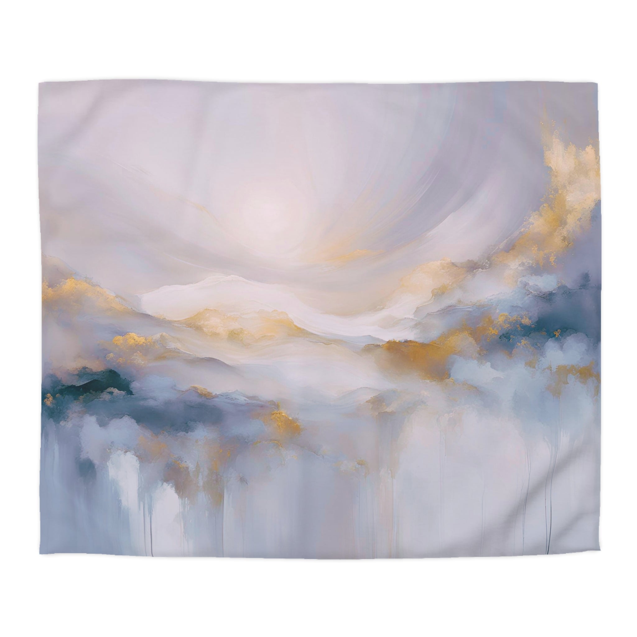 The image is an abstract painting depicting a cloudy sky with a sun shining through the clouds.