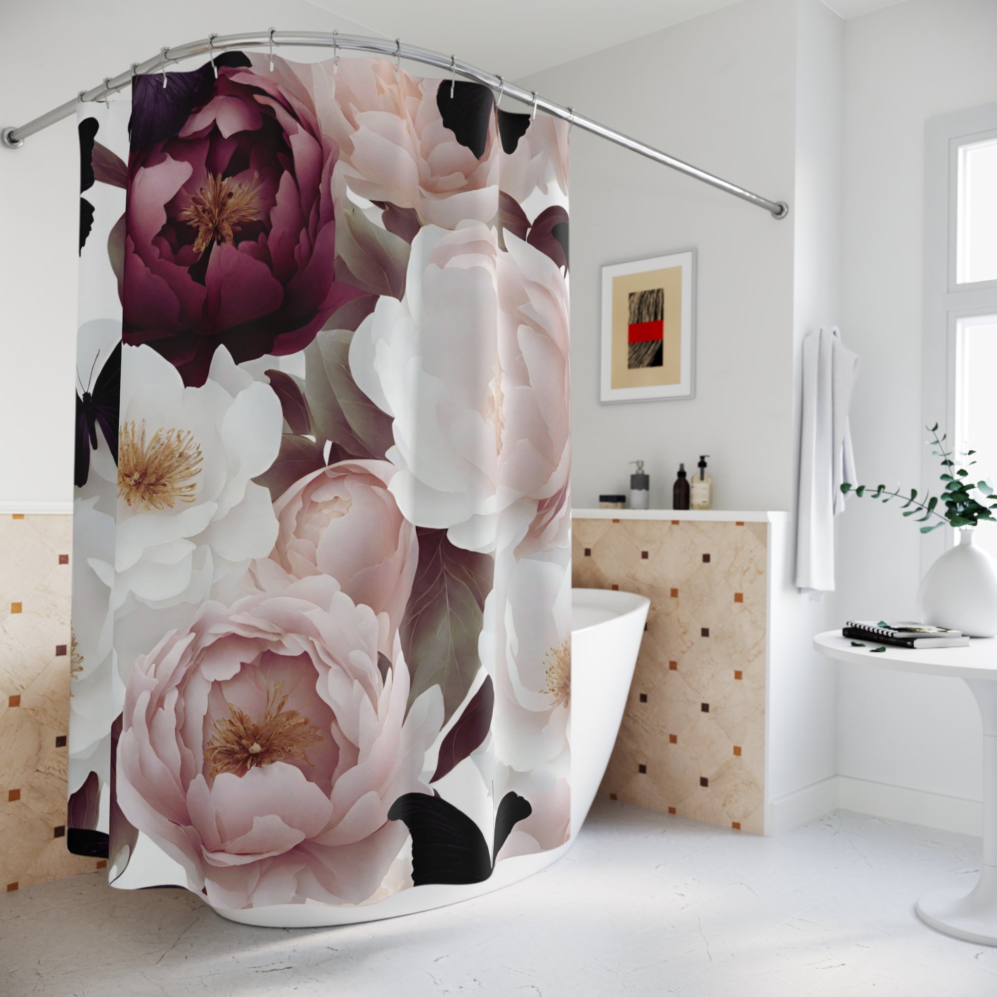 Floral Shower Curtain | Burgundy White Blush Roses