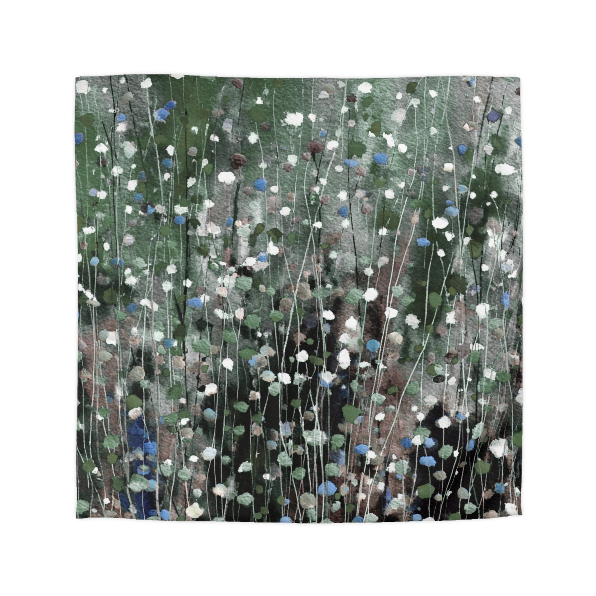 The image is a painting or collage featuring a pattern of green and white flowers or plants, with some areas of brown or gray. The overall color scheme is predominantly green and white, with some brown or gray accents. The painting appears to be abstract, with the focus on the shapes and patterns of the flowers or plants rather than specific details or realistic representation.
