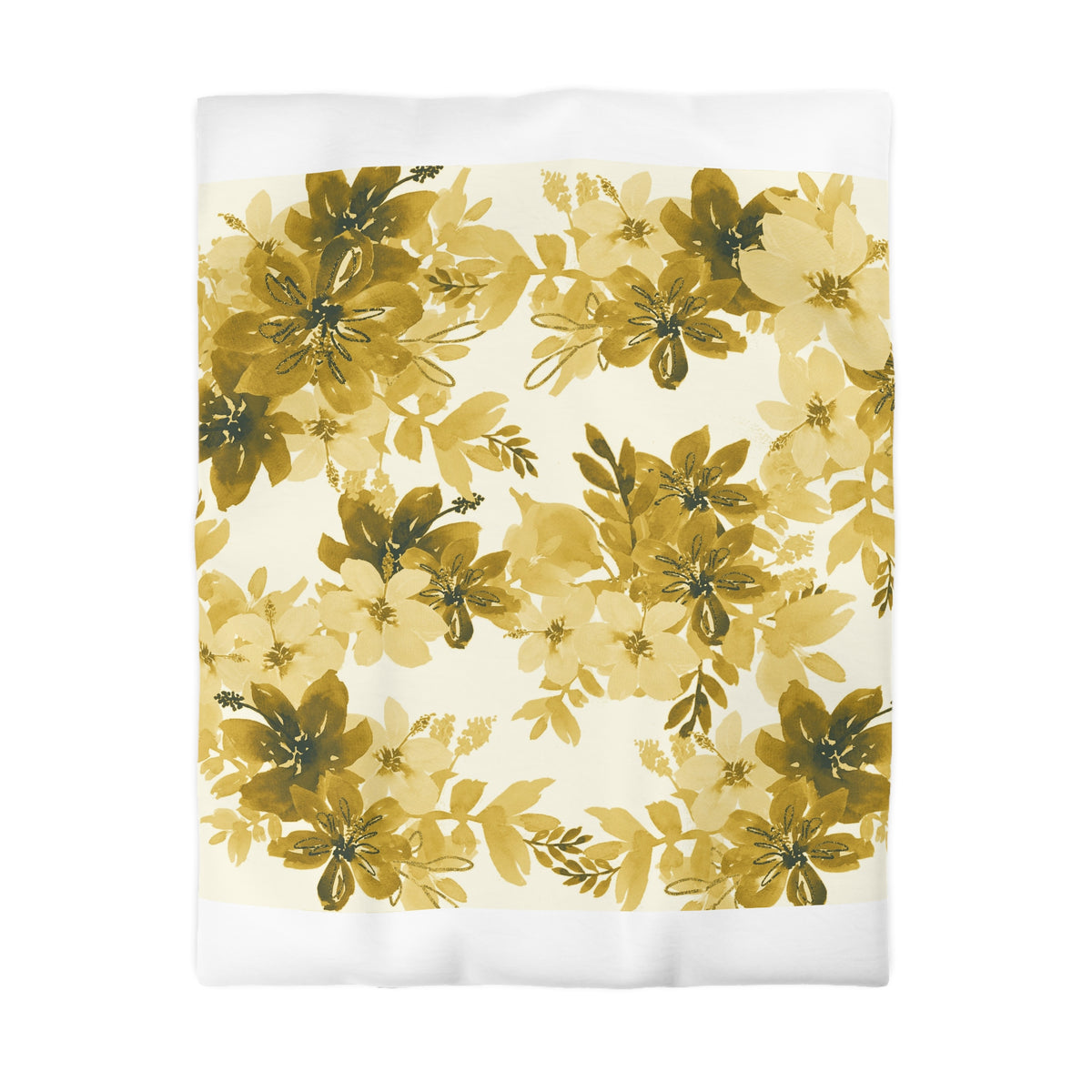 a repeating pattern of yellow flowers and green leaves on a white background.