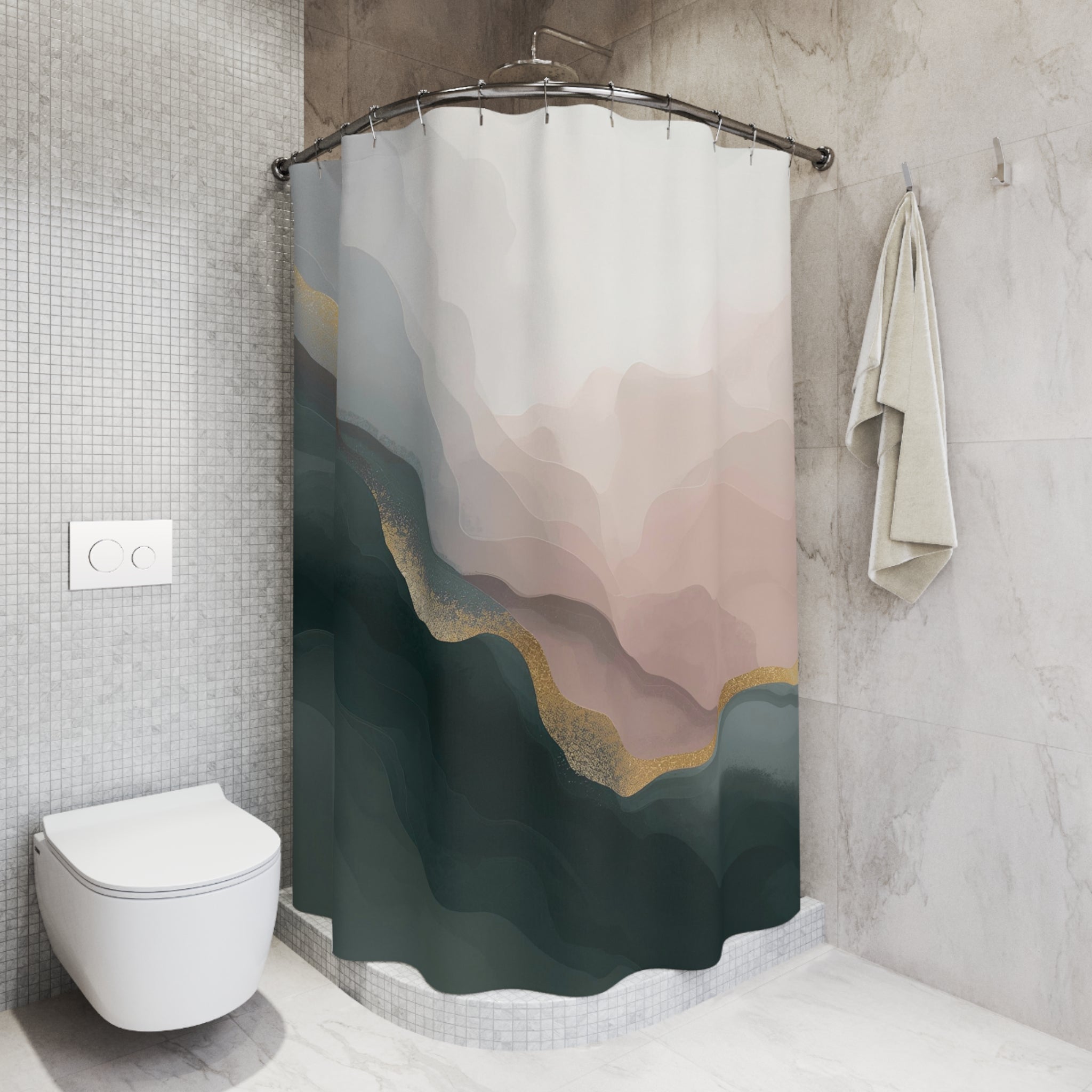 Boho Abstract Shower Curtain | Green Blush Pink Ombre Watercolor
