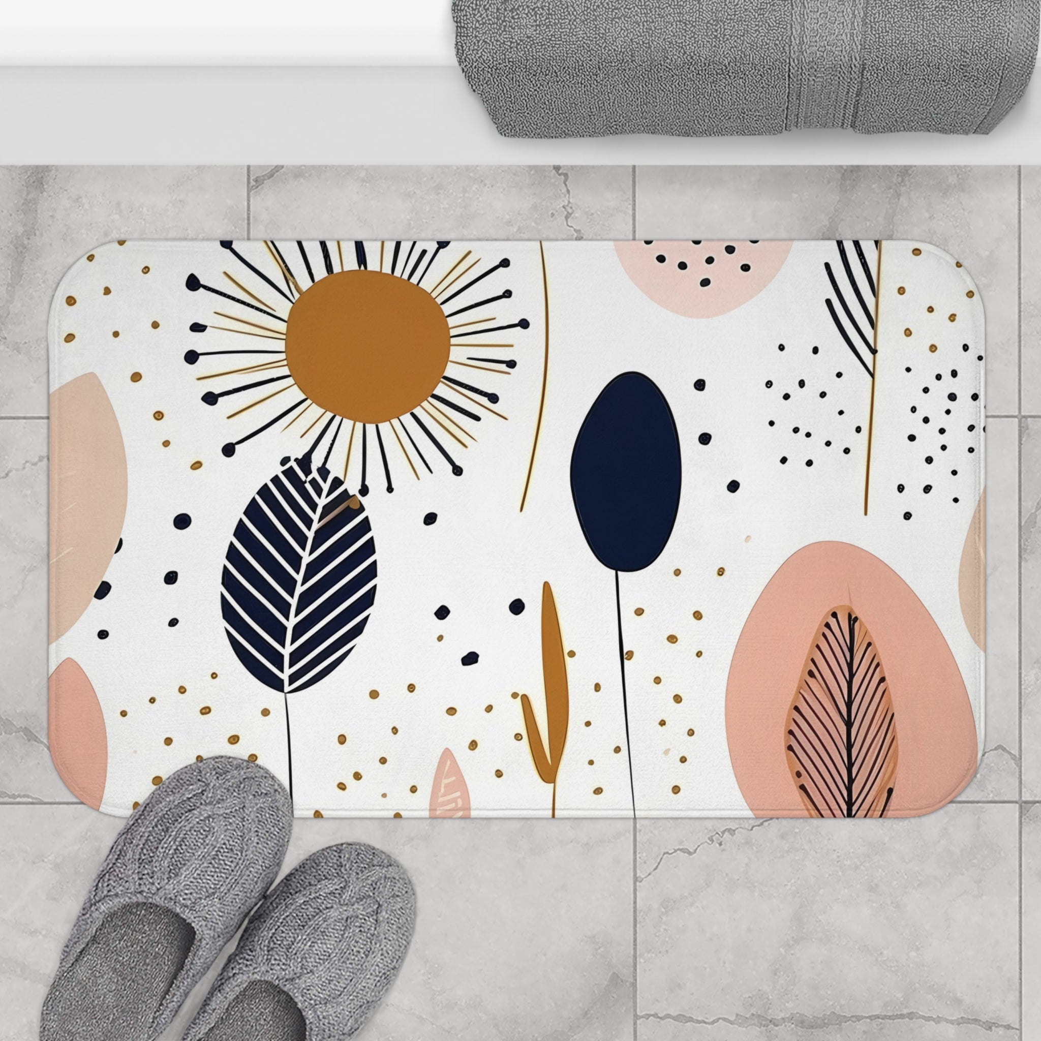 Boho Abstract Bath Mat | Nature Elements White Blue Pink Kitchen Mat
