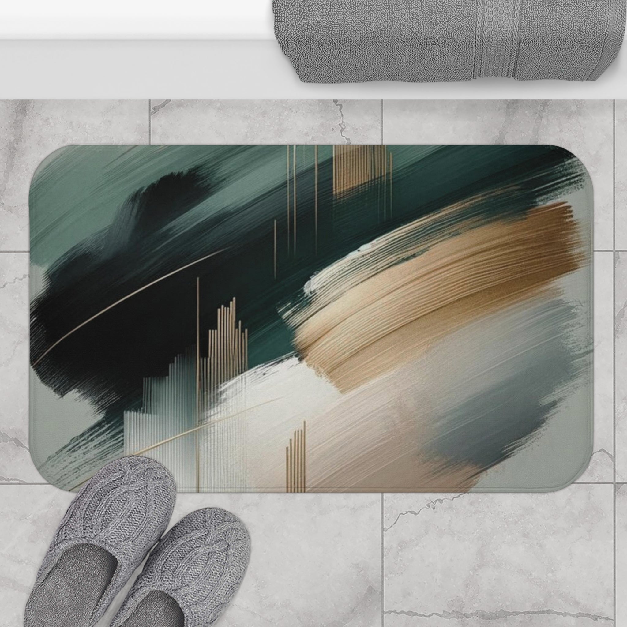Abstract Bath Mat, Kitchen Mat | Sage Green, Muted Gold Mat