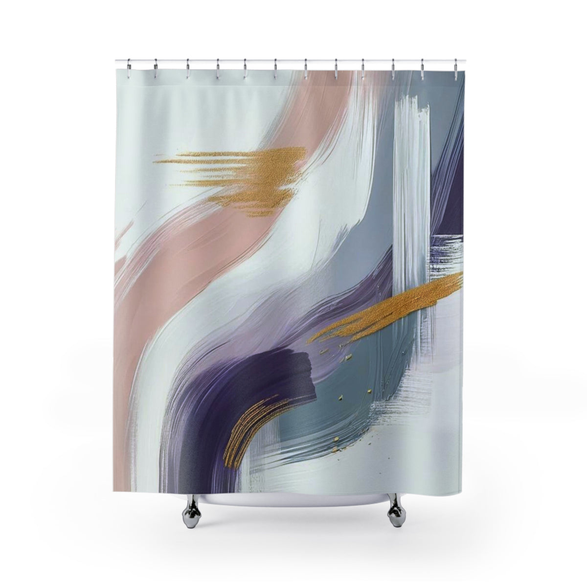 abstract art with a mix of pink, blue, and white colors, along with gold and black brushstrokes.
