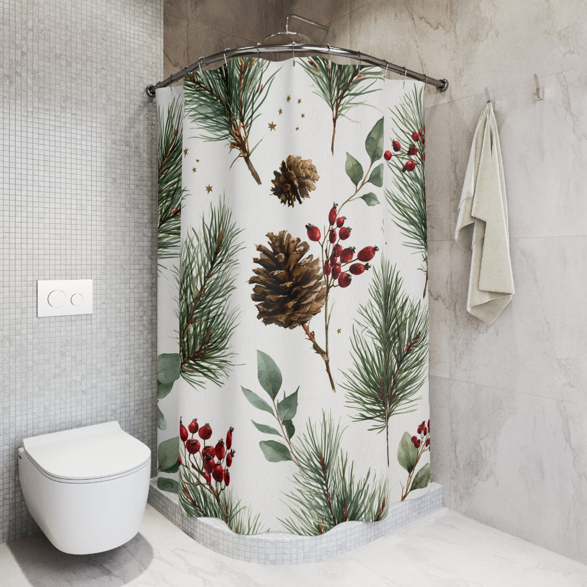 Ivory Pine Cone Botanical Shower Curtain, Bath Curtain 71x74