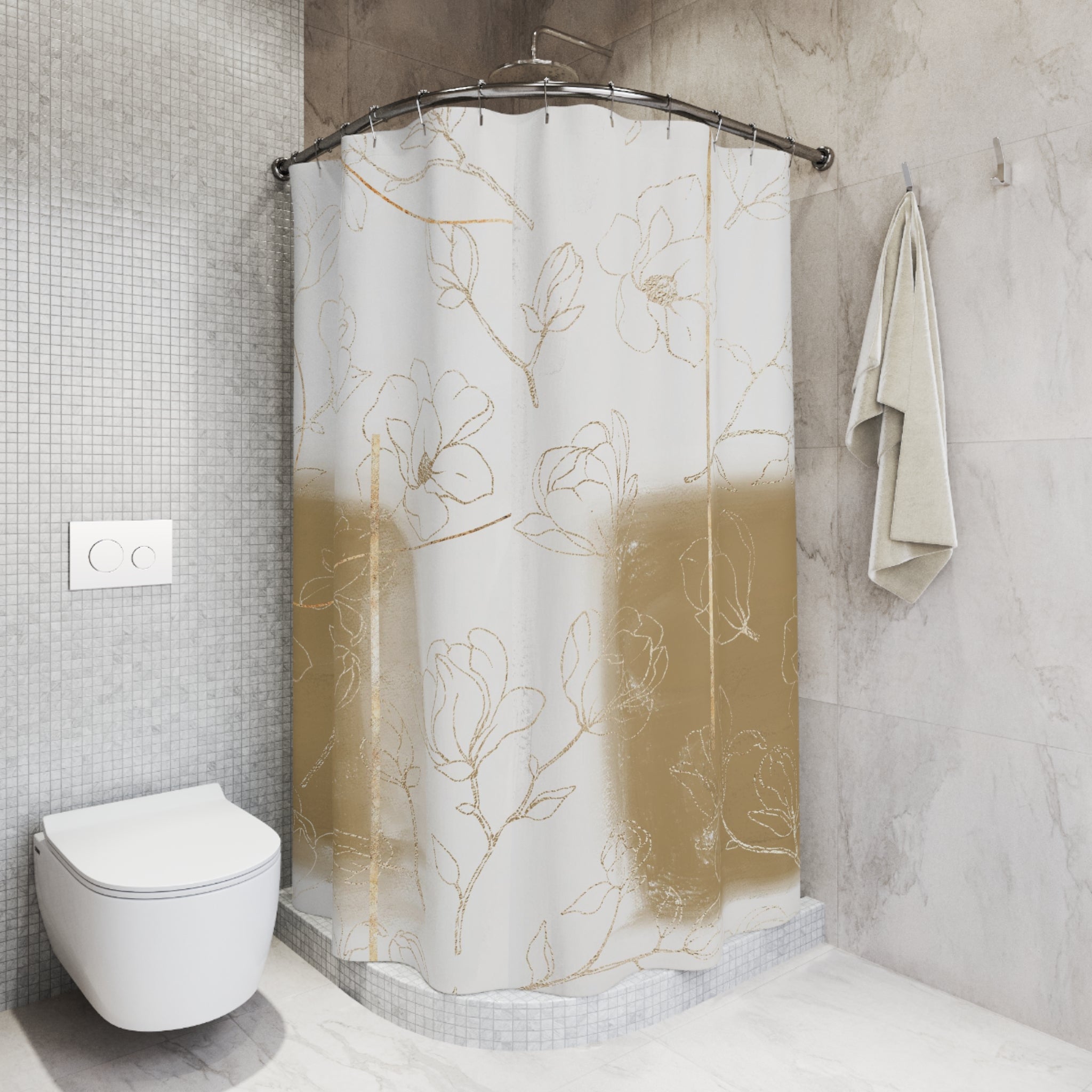 Boho Abstract Shower Curtain | Camel Beige White Floral Line Art
