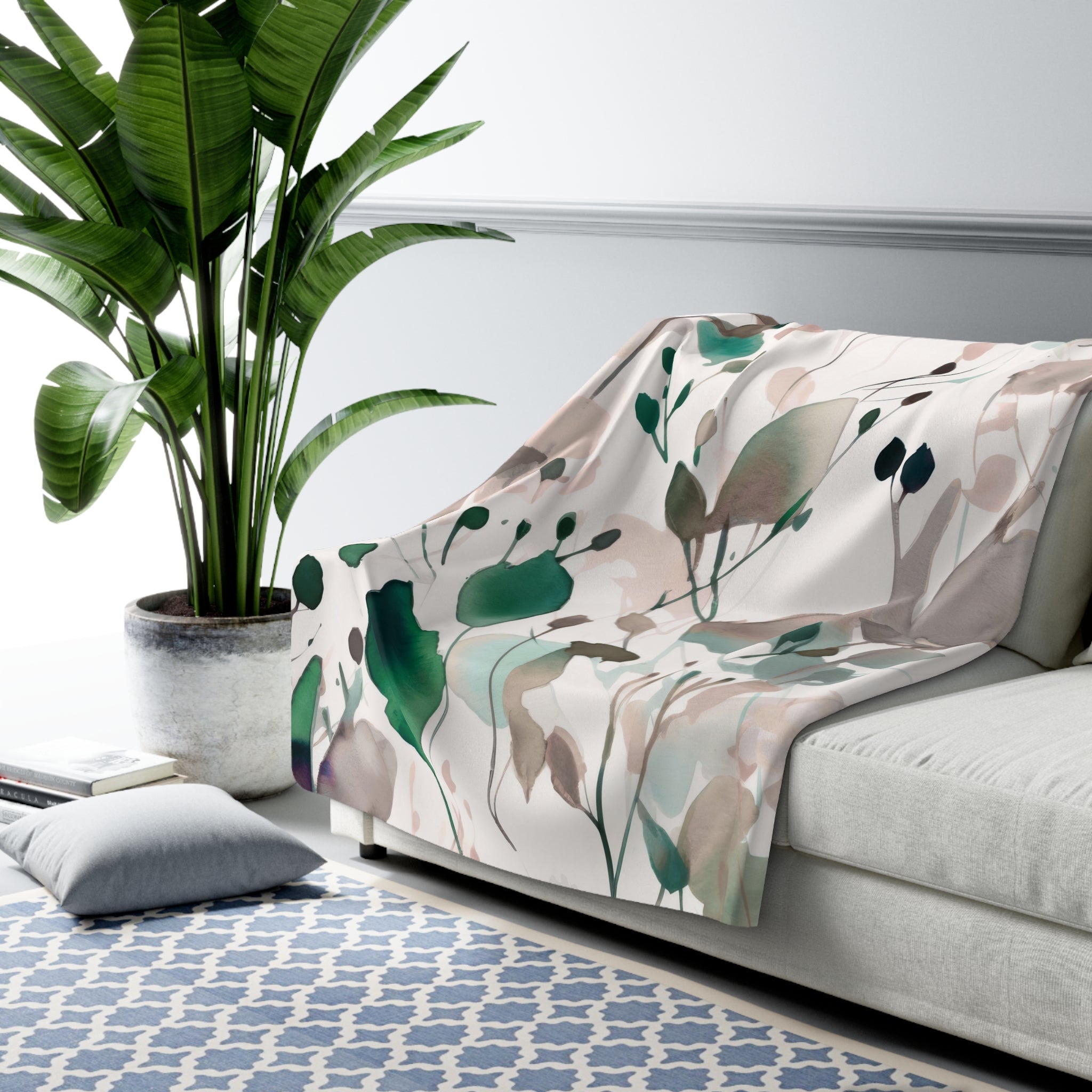 Floral Throw Blanket | Beige Green Watercolor