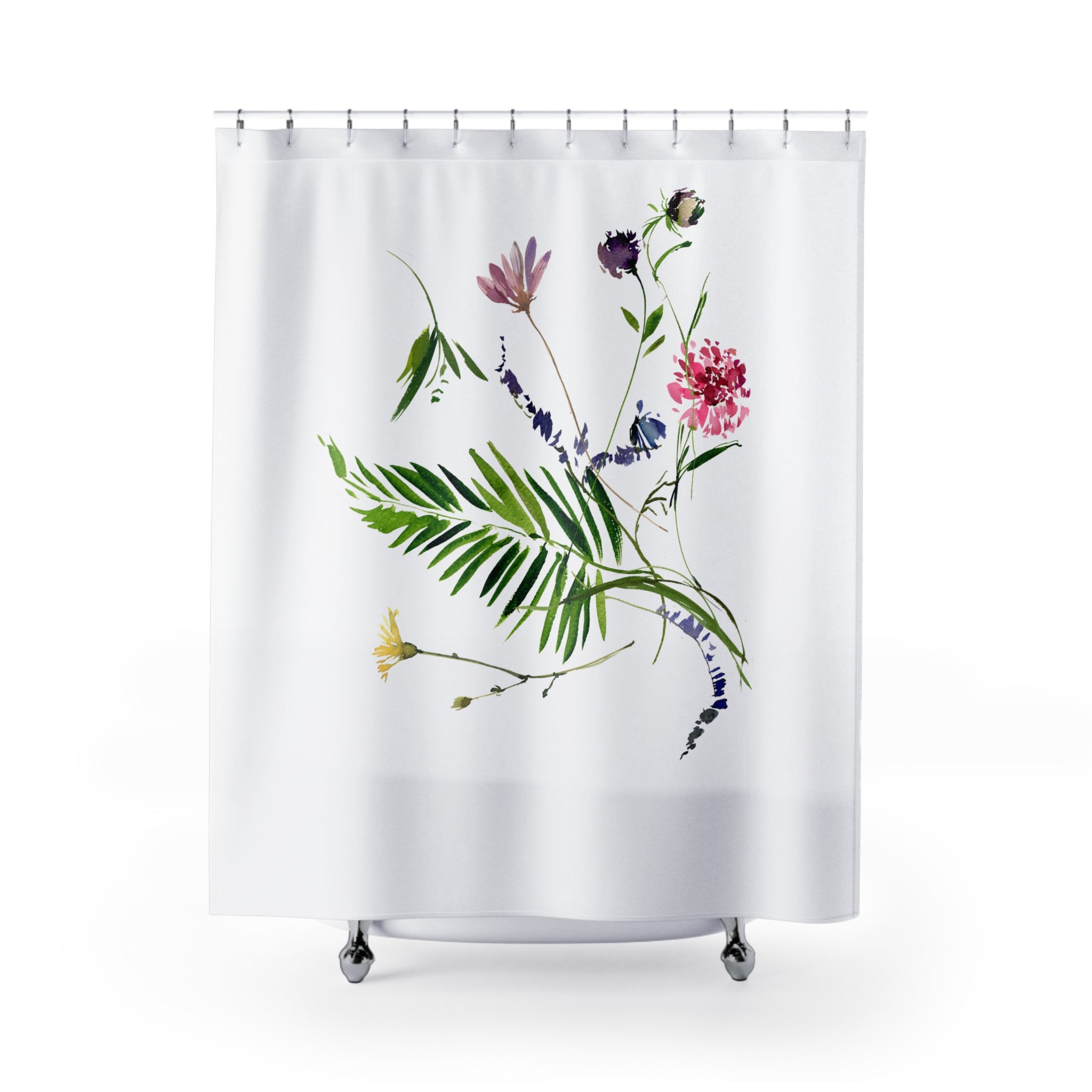 Modern Floral Shower Curtain | Green Tropical Leaves, White Bath Curtain