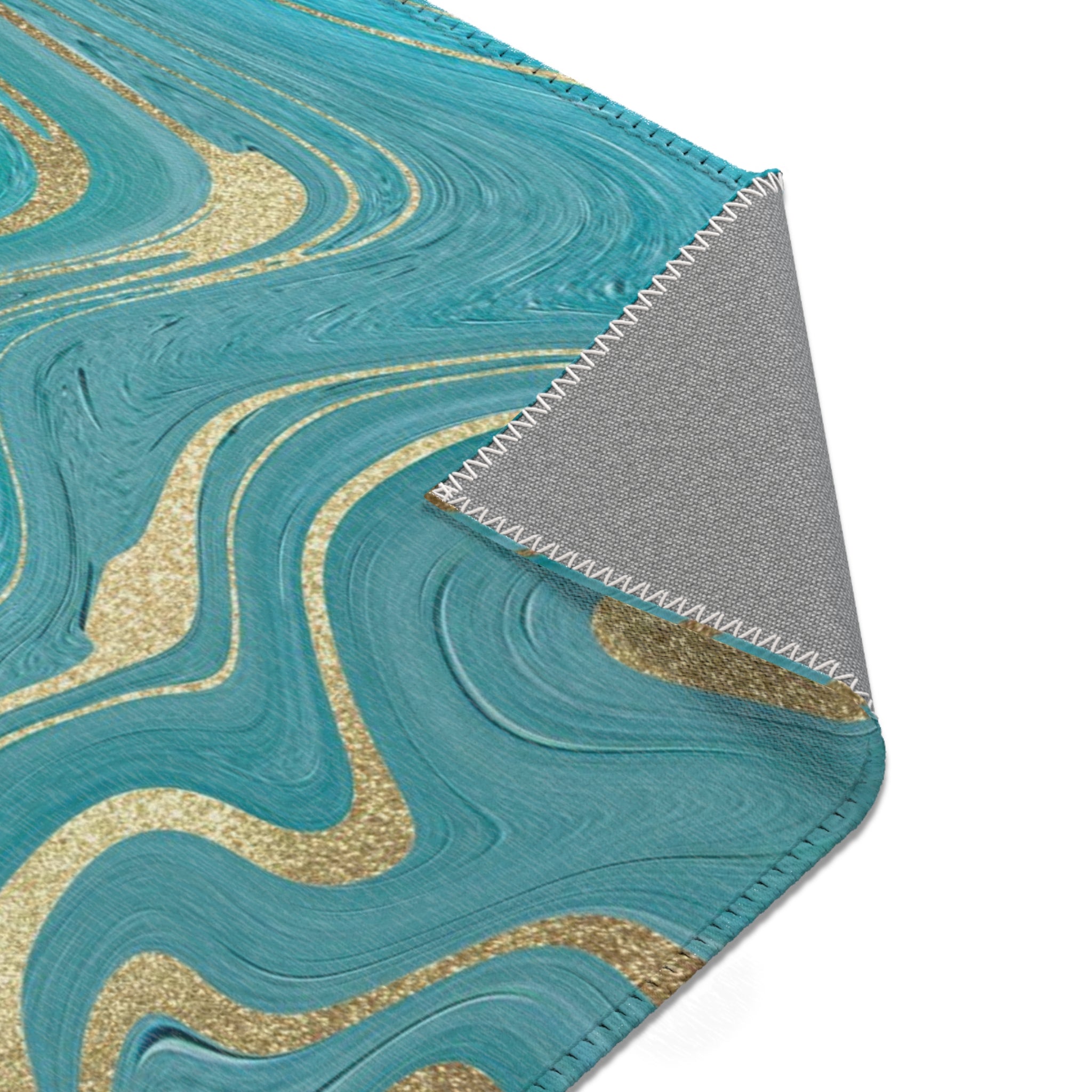 Abstract Large Area Rug | Teal Green Blue, Gold Beige Liquid Ink
