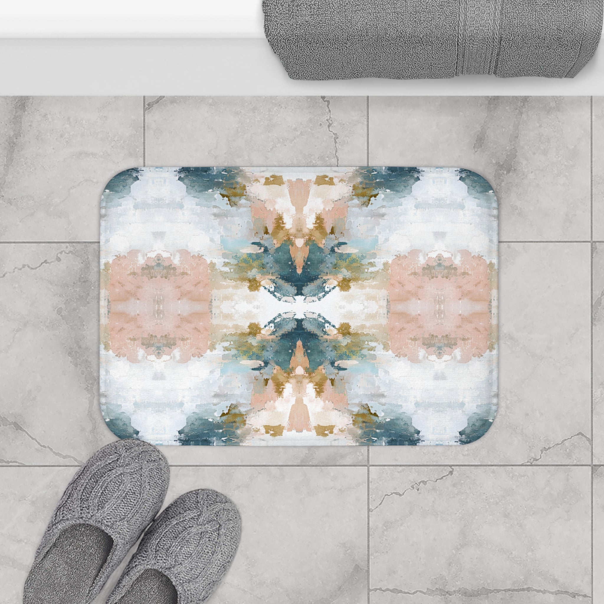 Boho Modern Bath Mat | Abstract Pink Teal White Kitchen Mat