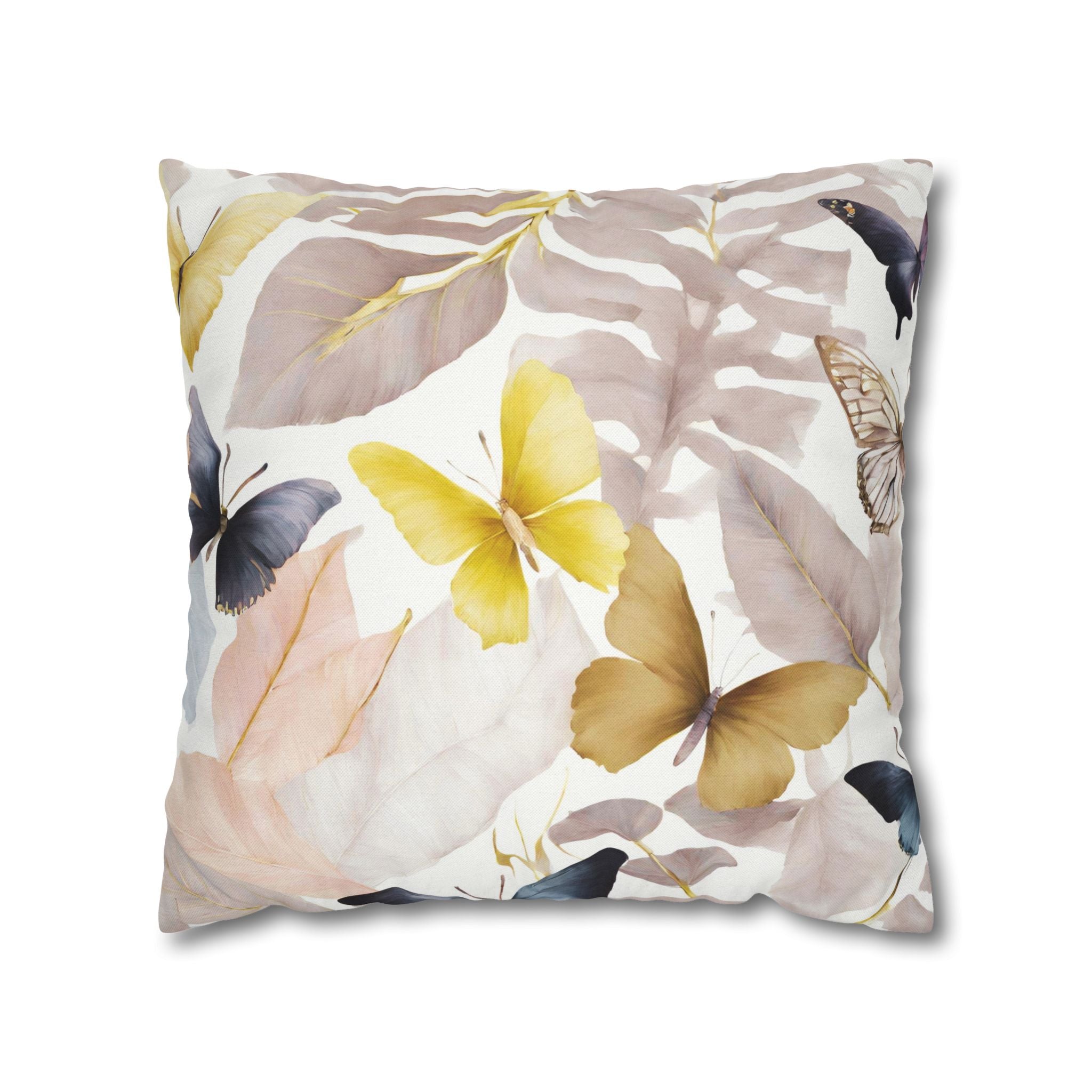 a square pillow with a floral pattern of butterflies and leaves in various colors, including yellow, pink, and blue.