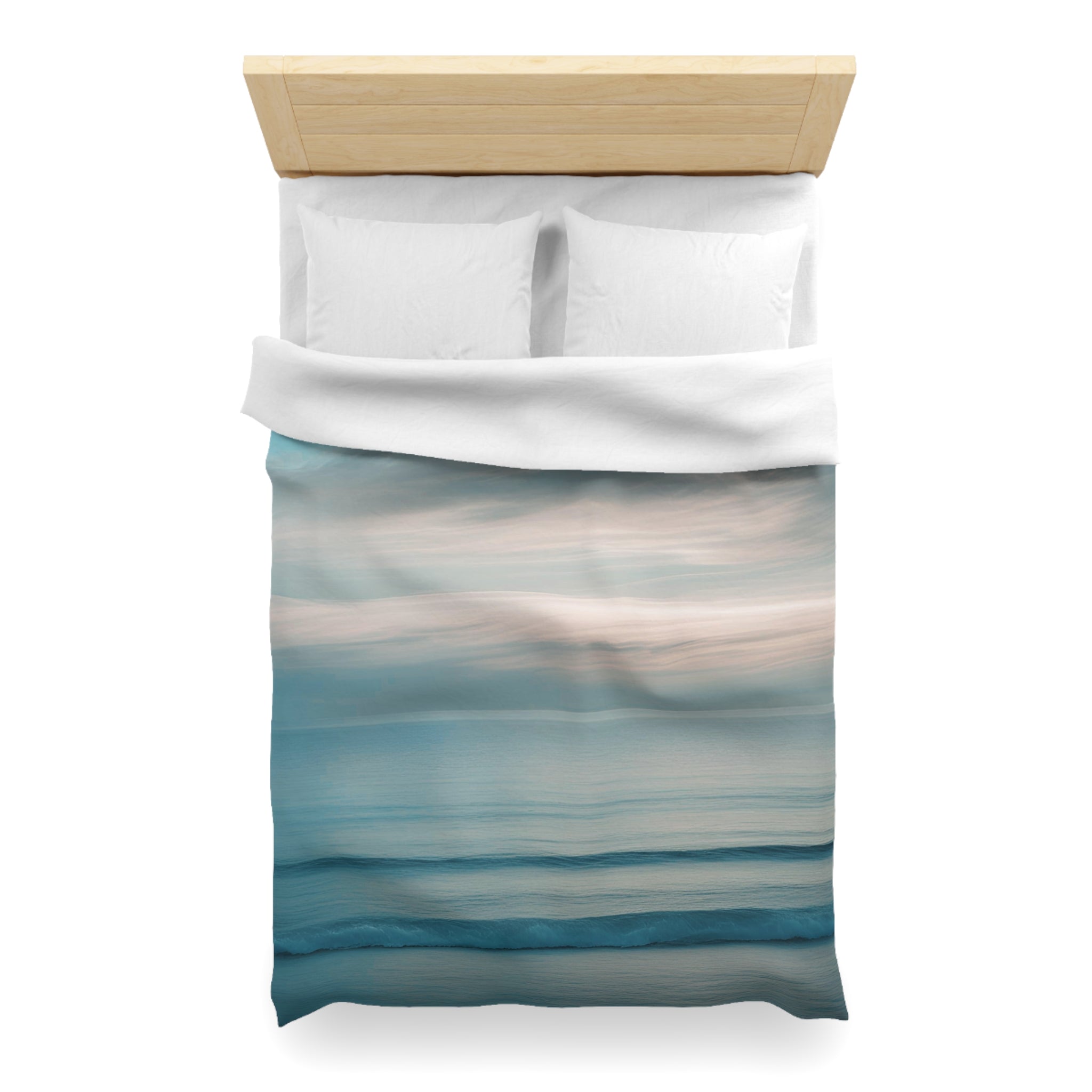 a neatly made bed with a white comforter and pillows. The bed has a wooden headboard and a blue and white striped comforter.