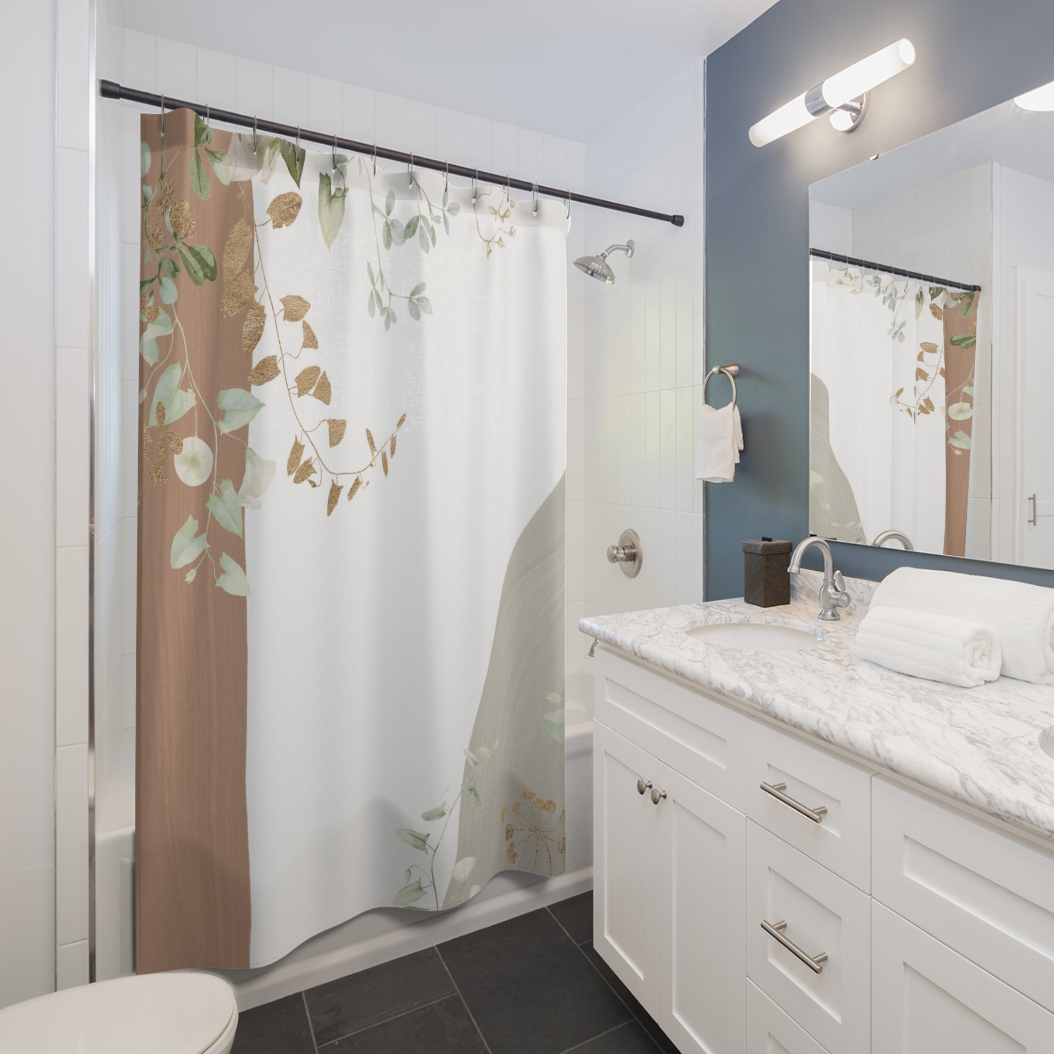 White Shower Curtain | Floral, Beige Grey, Green