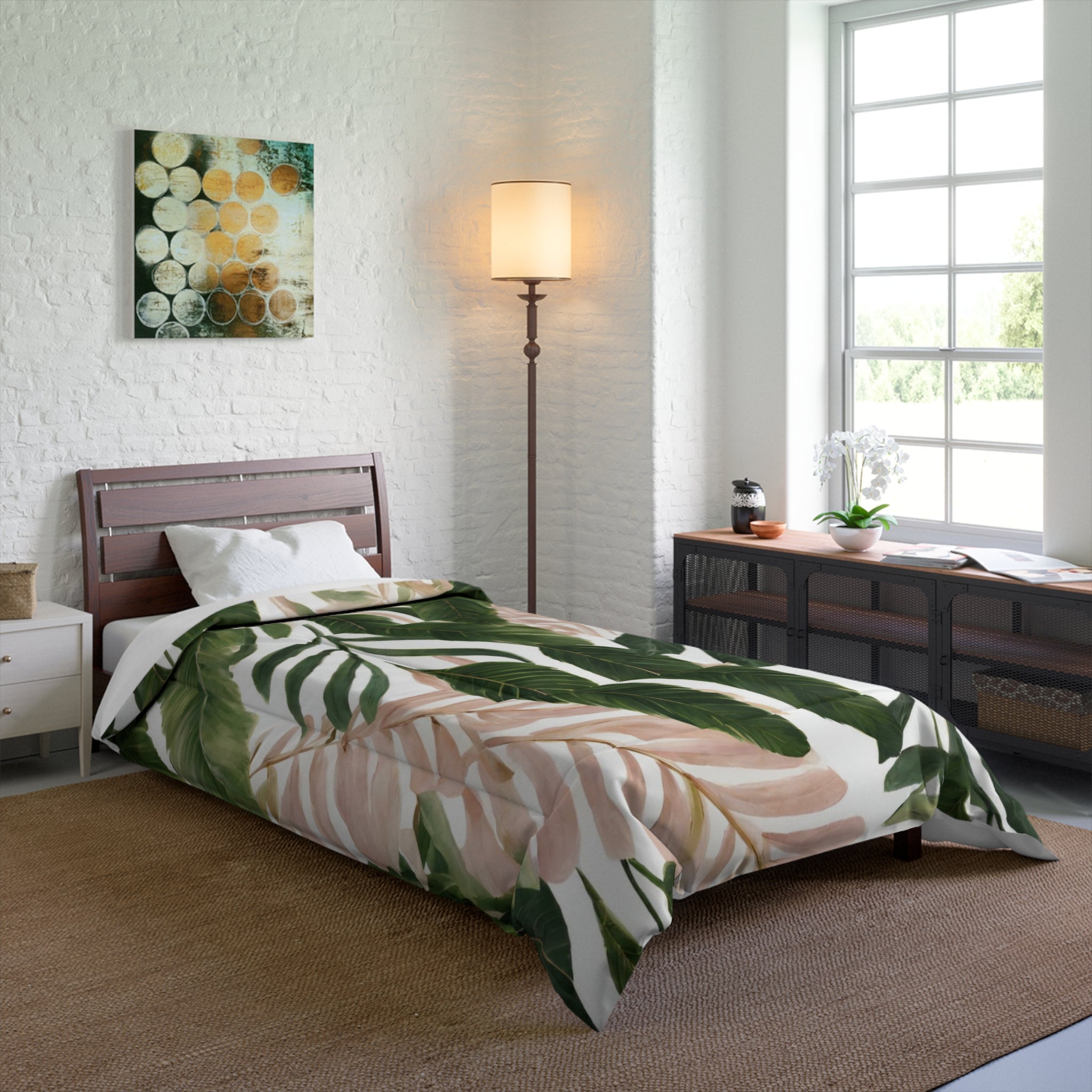 Floral Comforter | Forest Green, Blush Pink, Banana Leaves Jungle