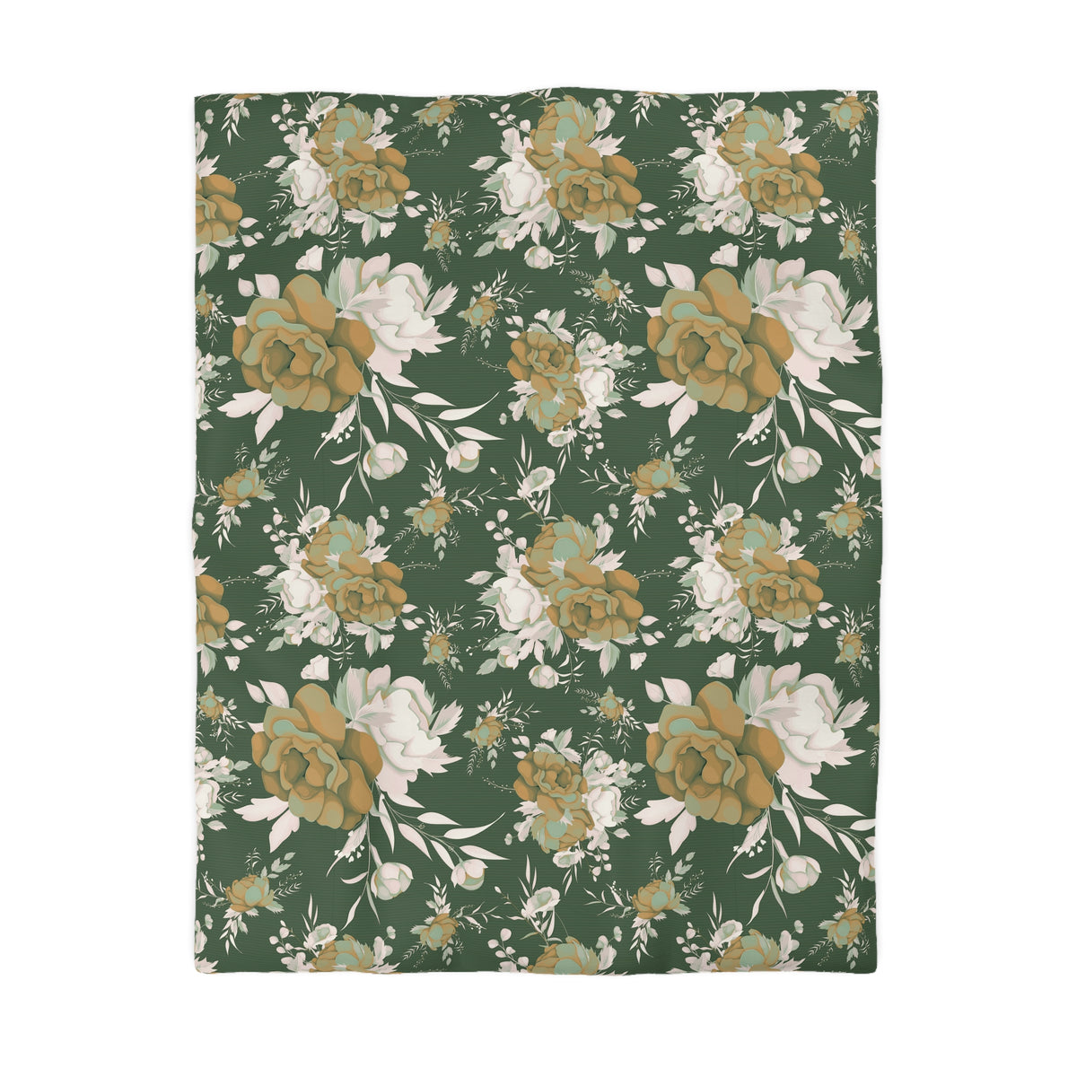 a repeating floral pattern in shades of green and gold, with white flowers and leaves. The pattern is composed of various flowers and leaves arranged in a visually appealing manner, creating a sense of depth and texture.