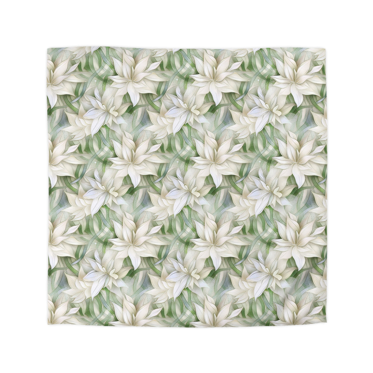 a repeating pattern of white flowers with green leaves, creating a visually appealing and harmonious design.