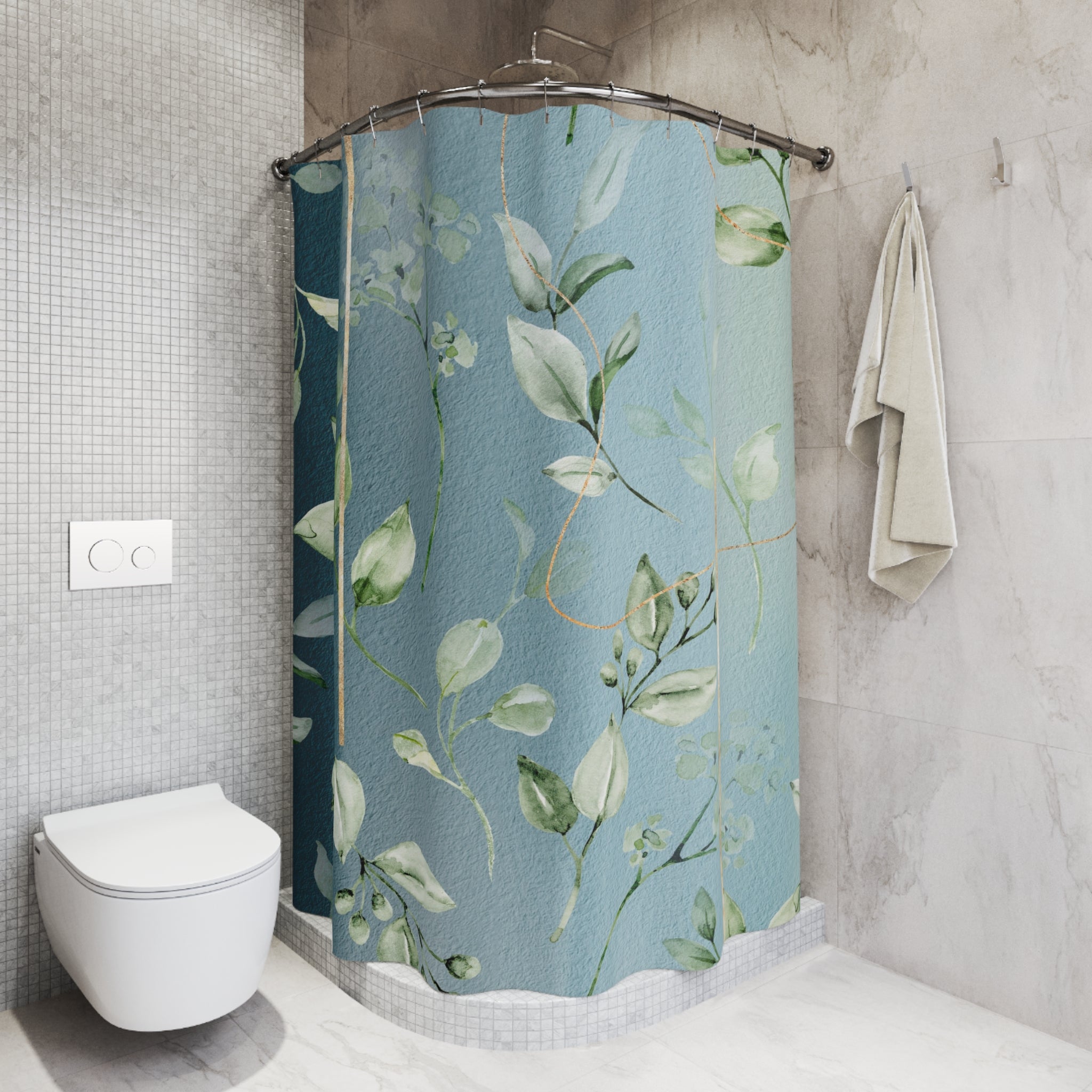 Boho Floral Shower Curtain | Navy Dusty Blue, Sage Green Leaves
