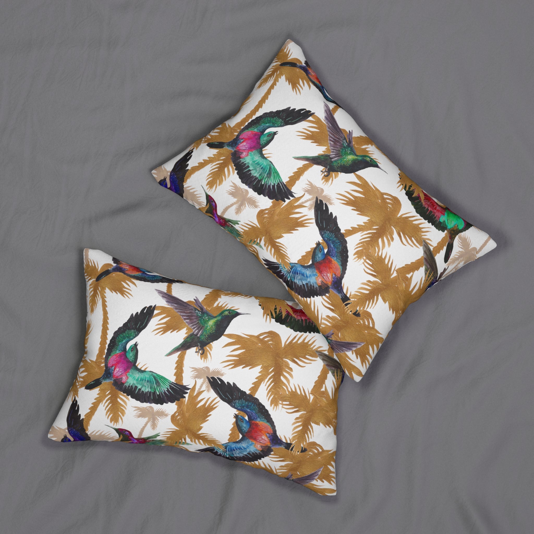 Boho Lumbar Pillow | Brown Beige Palm Trees, Humming Birds
