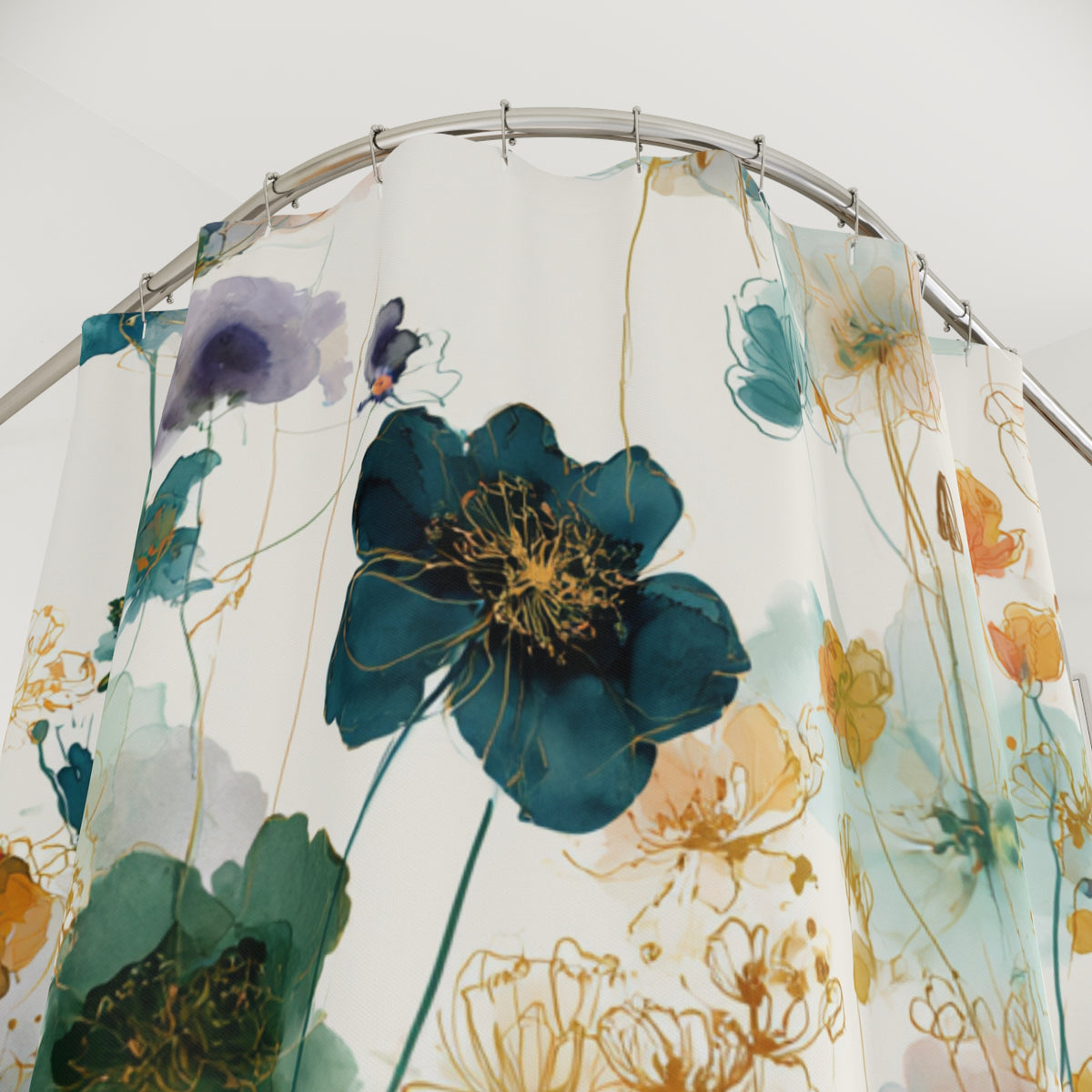 a shower curtain with a floral pattern, including a large blue flower and smaller flowers in shades of green and yellow.