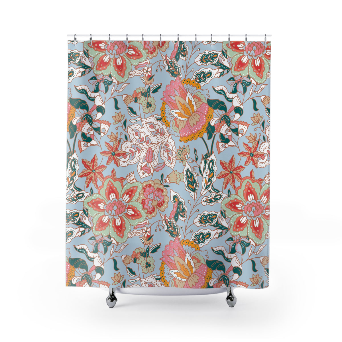 Coral Teal Jacobean Floral Shower Curtain, Bath Curtain 71x74
