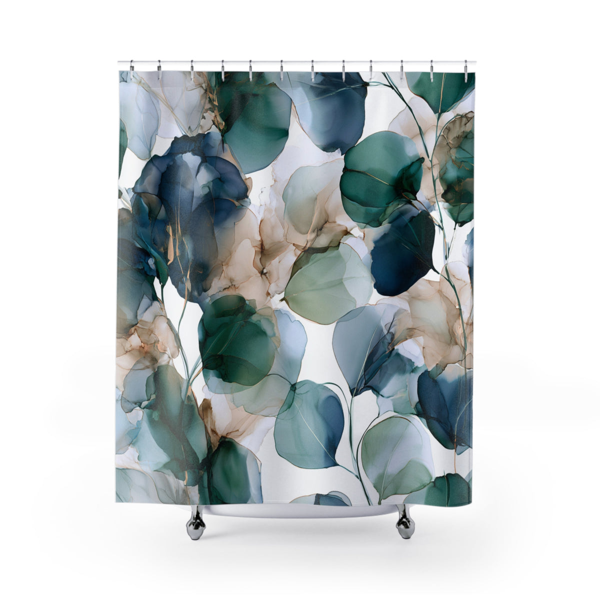 a shower curtain with leaves on it