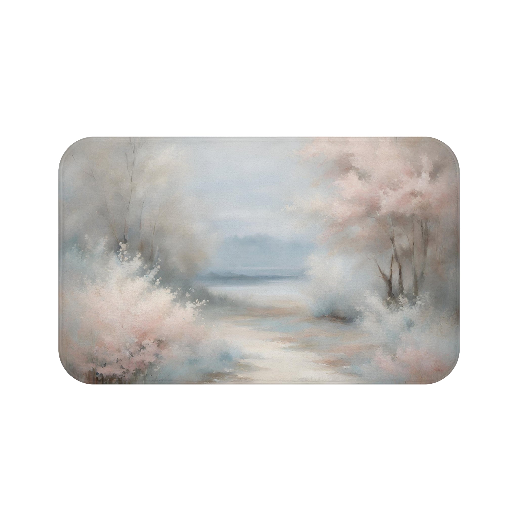 Boho Abstract Bath Mat | Pastel Pink Blue, Landscape Nature Kitchen Mat