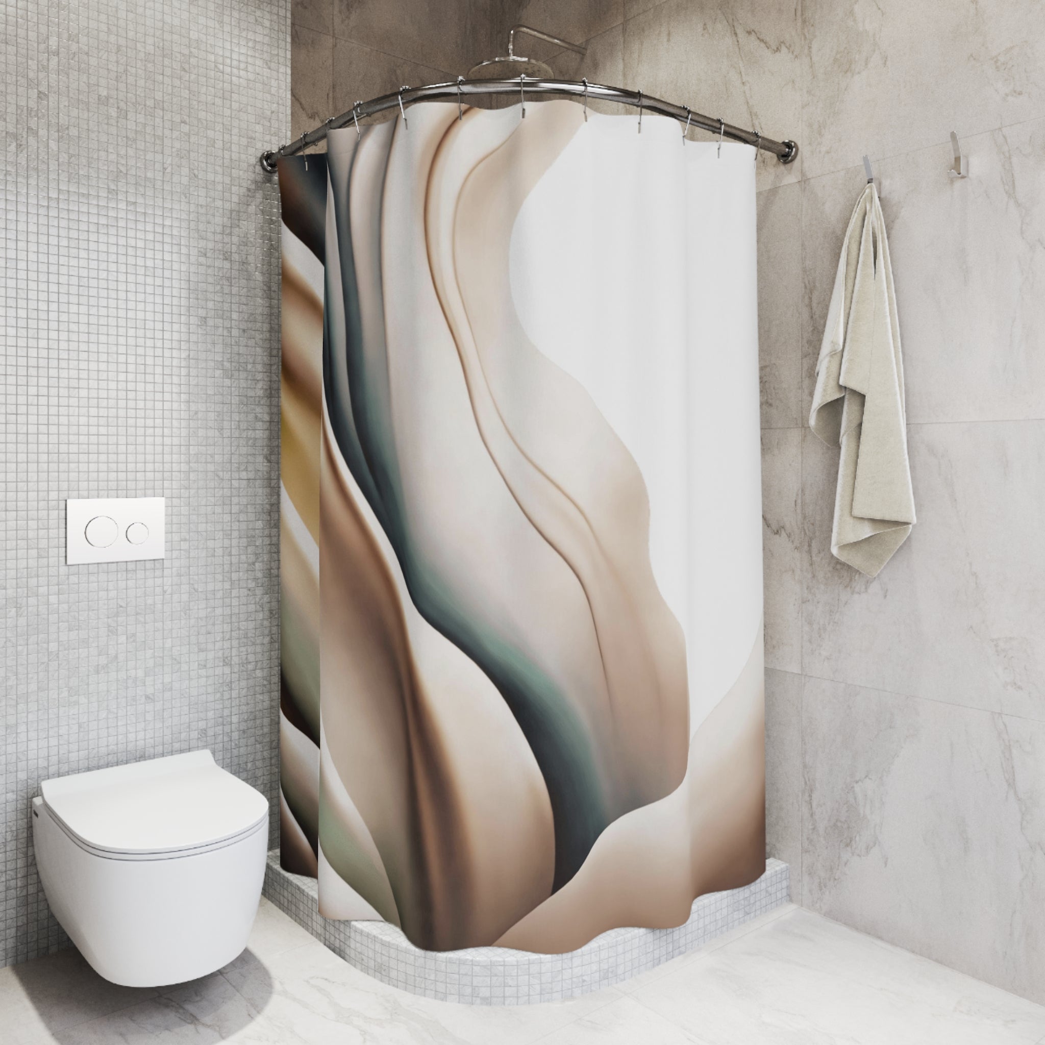 Boho Shower Curtain, Bath Mat | Beige White Bathroom Set