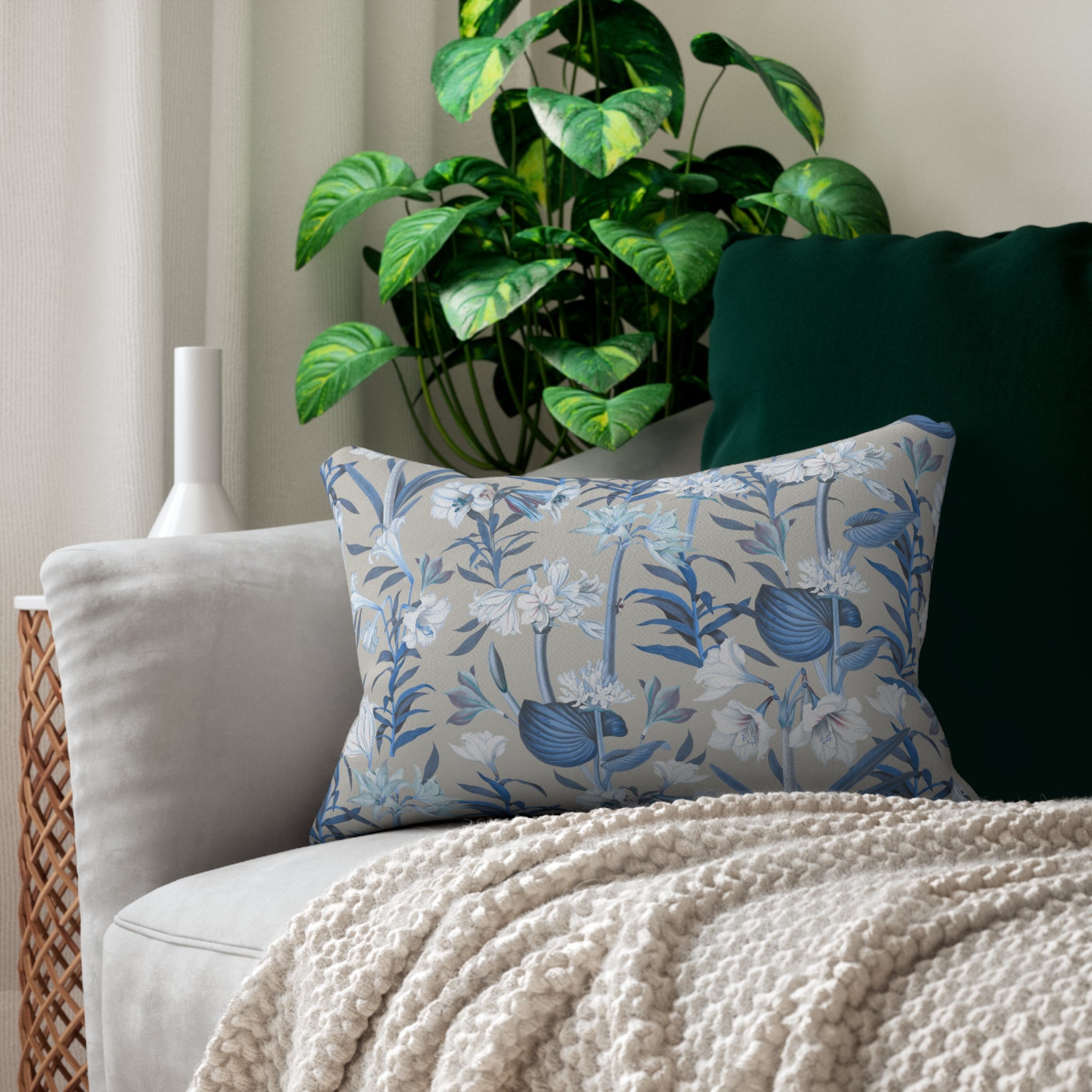 Jungle Lumbar Pillow | White Grey Blue Floral Watercolor