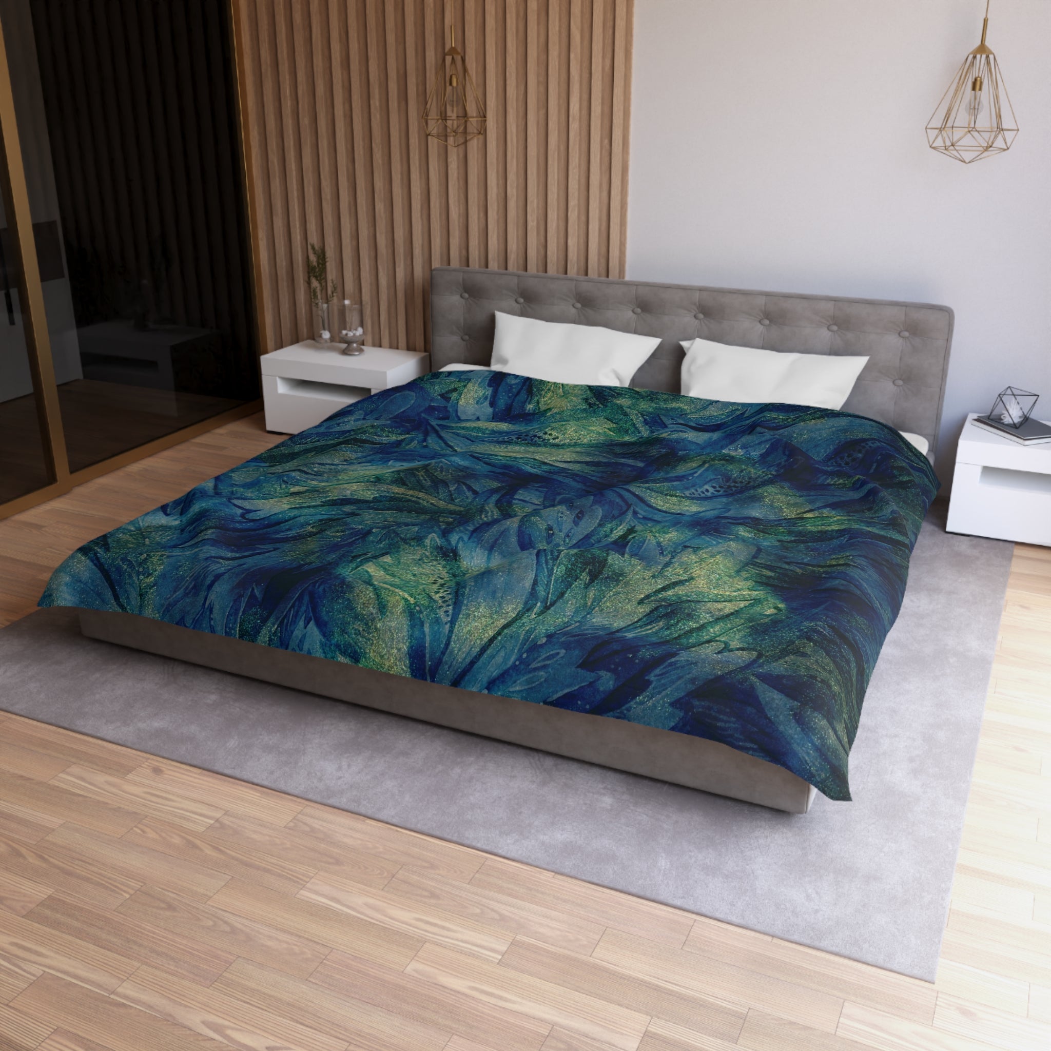 Abstract Duvet Cover | Peacock Navy Blue, Green | Bedroom Decor