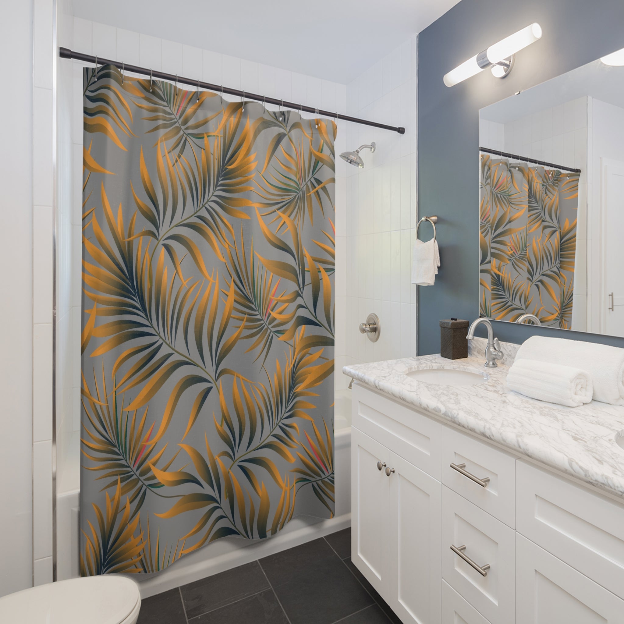 Orange Grey Palm Leaf Shower Curtain, Flowy Polyester Bath Curtain 71x74