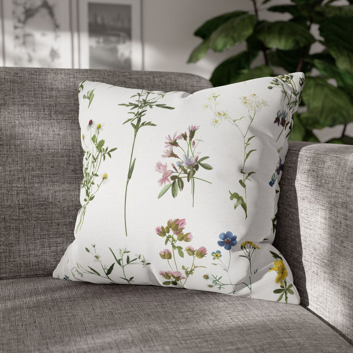 Botanical Herb Garden Pillow Cover | Green Pink Yellow