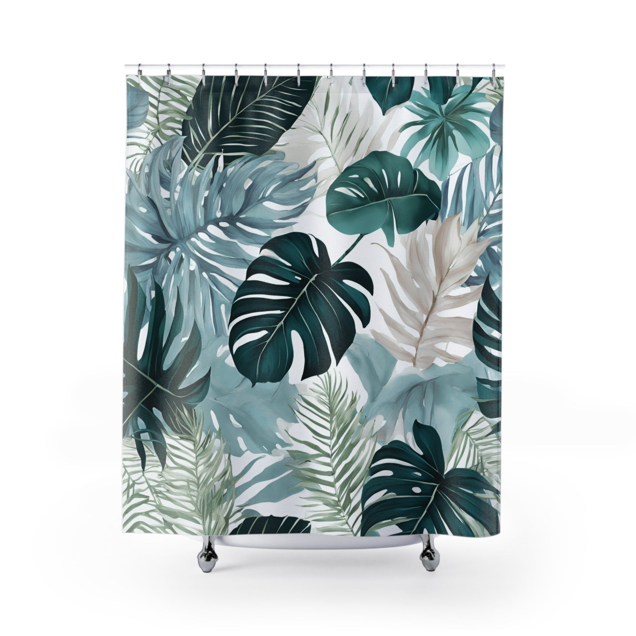 Modern Shower Curtain | Tropical Leaves, Blue, Green Floral Bath Curtain