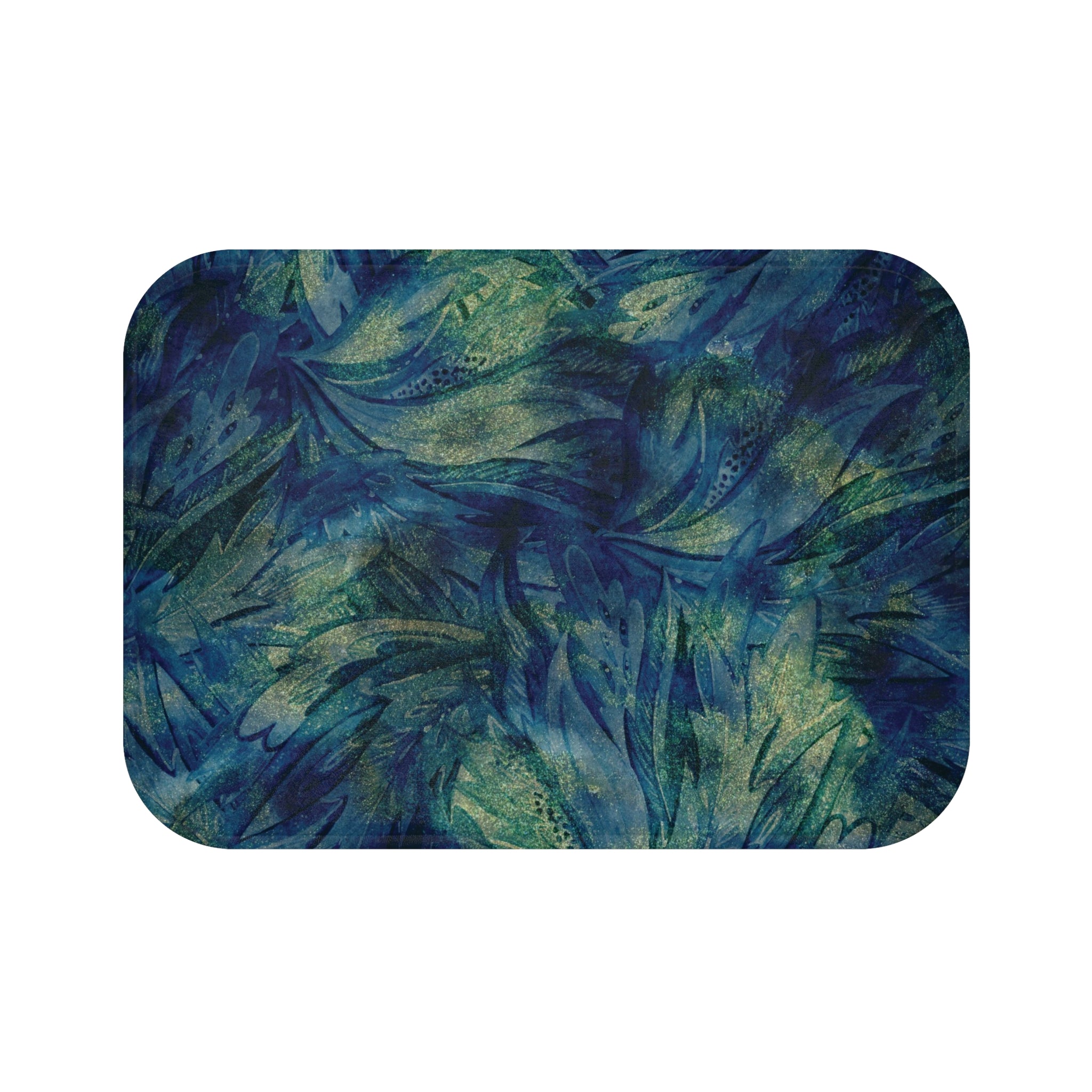 a vibrant abstract pattern with a mix of blue, green, and gold colors, resembling a watercolor painting or a textile design.