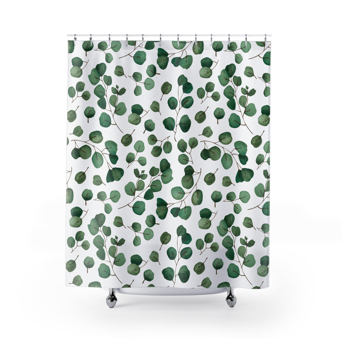 a shower curtain with a repeating pattern of green leaves and branches.