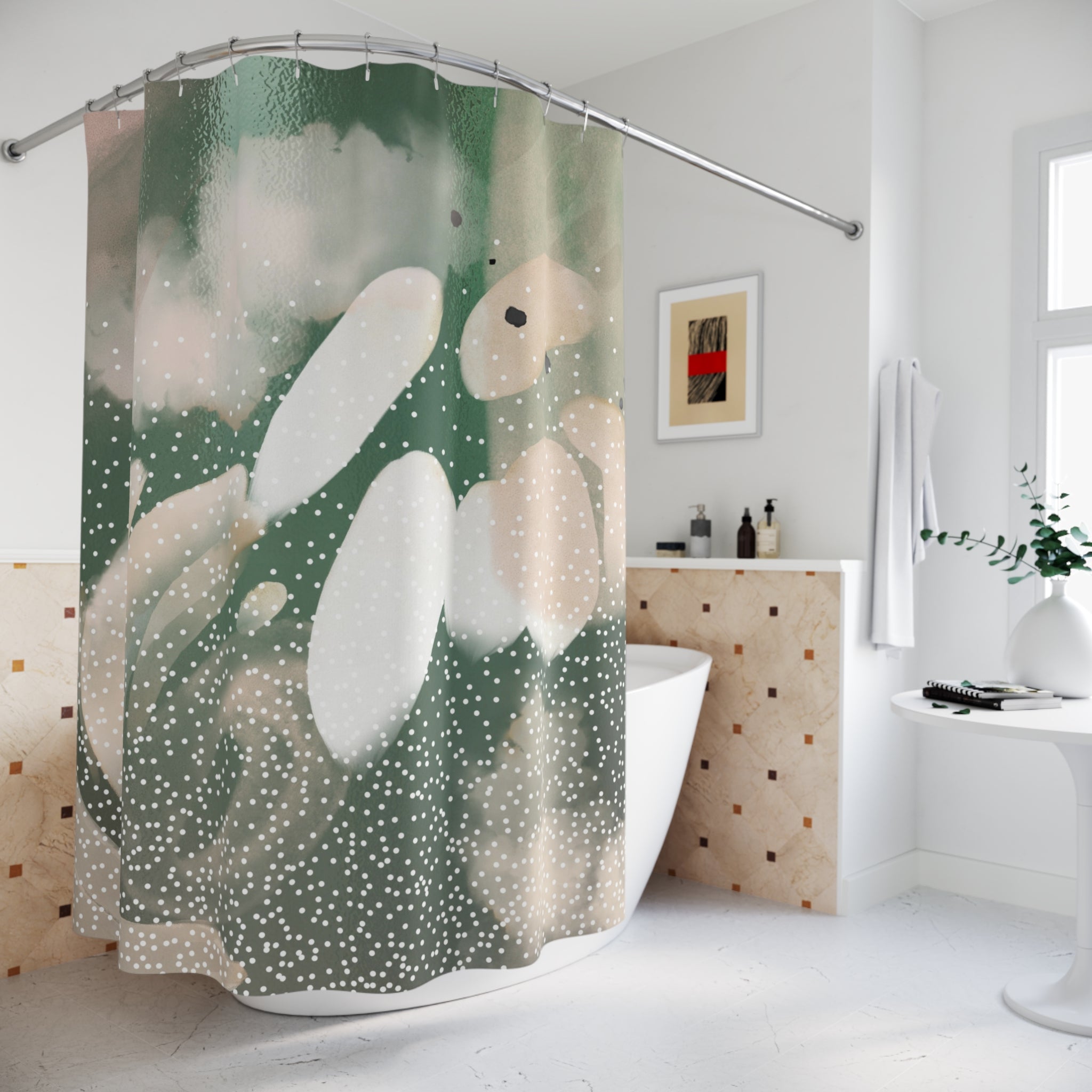 Boho Shower Curtain | Green, Blush Pink White Abstract