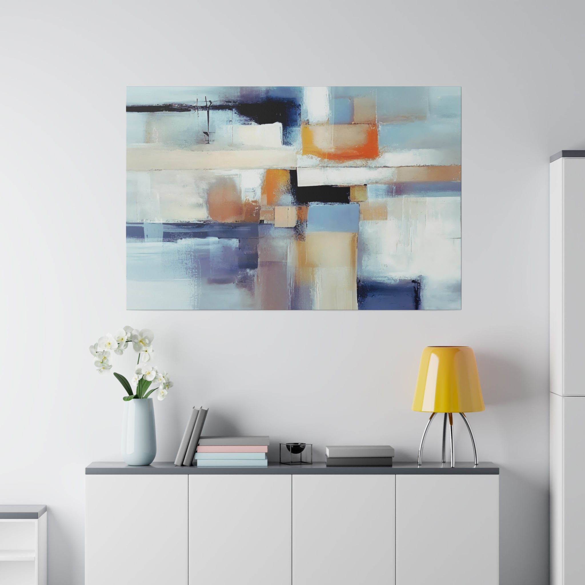 Blue and beige abstract canvas art, close-up of the brushstroke detail