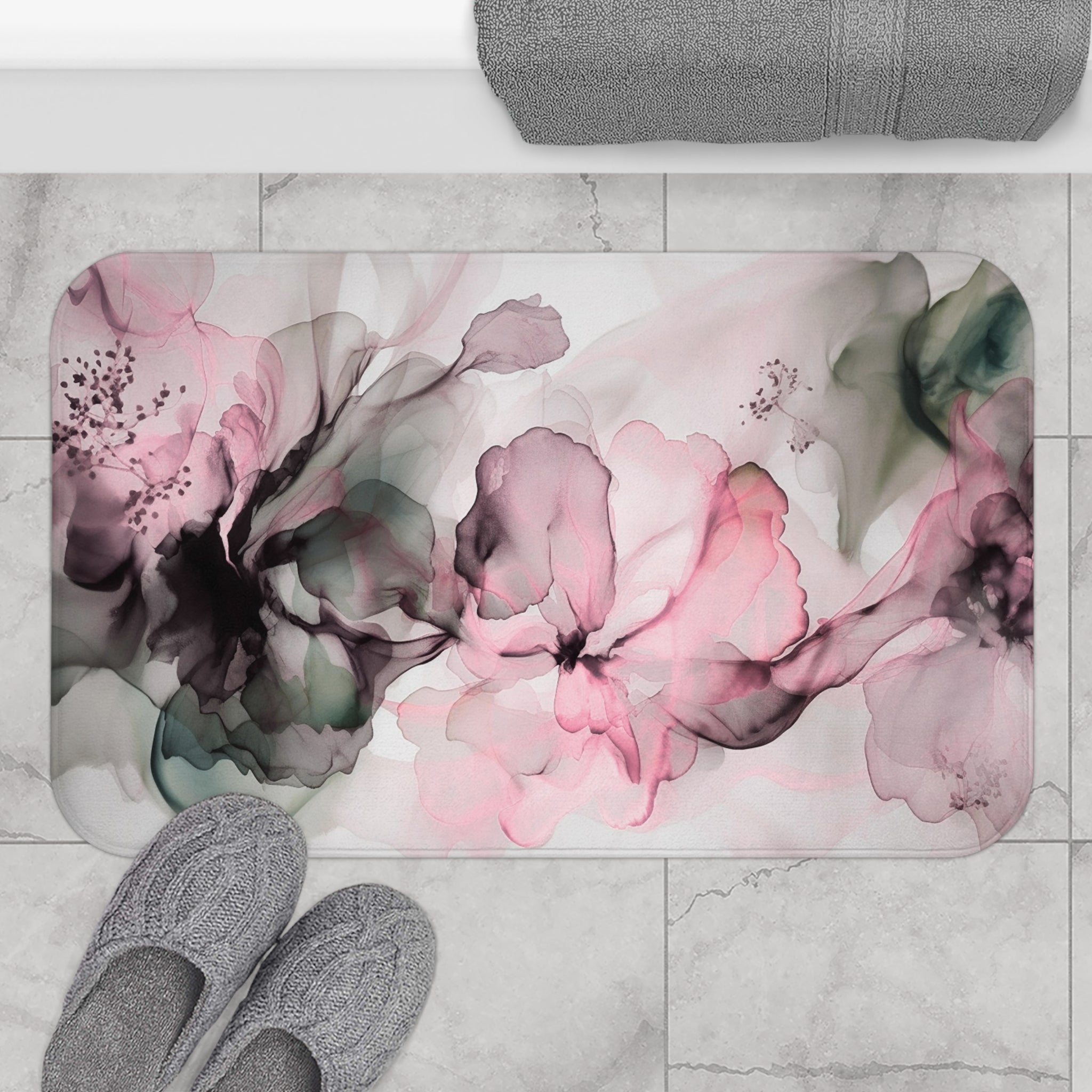 Boho Abstract Floral Bath Mat | Pink Green Grey Kitchen Mat