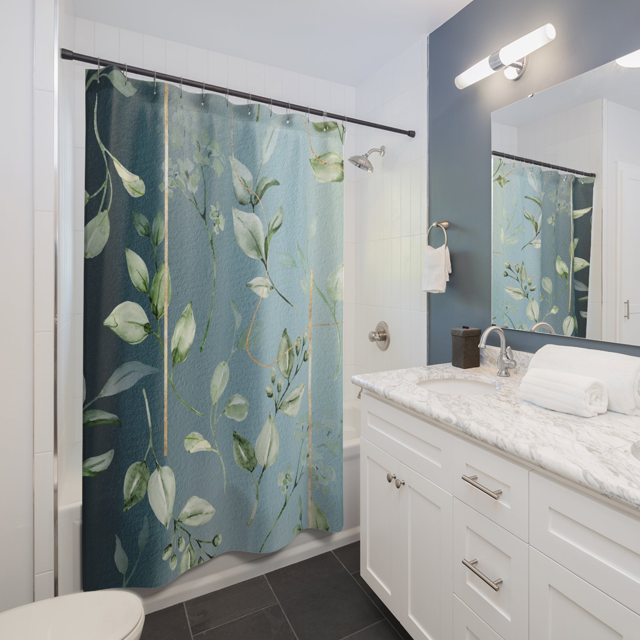 Boho Floral Shower Curtain | Navy Dusty Blue, Sage Green Leaves